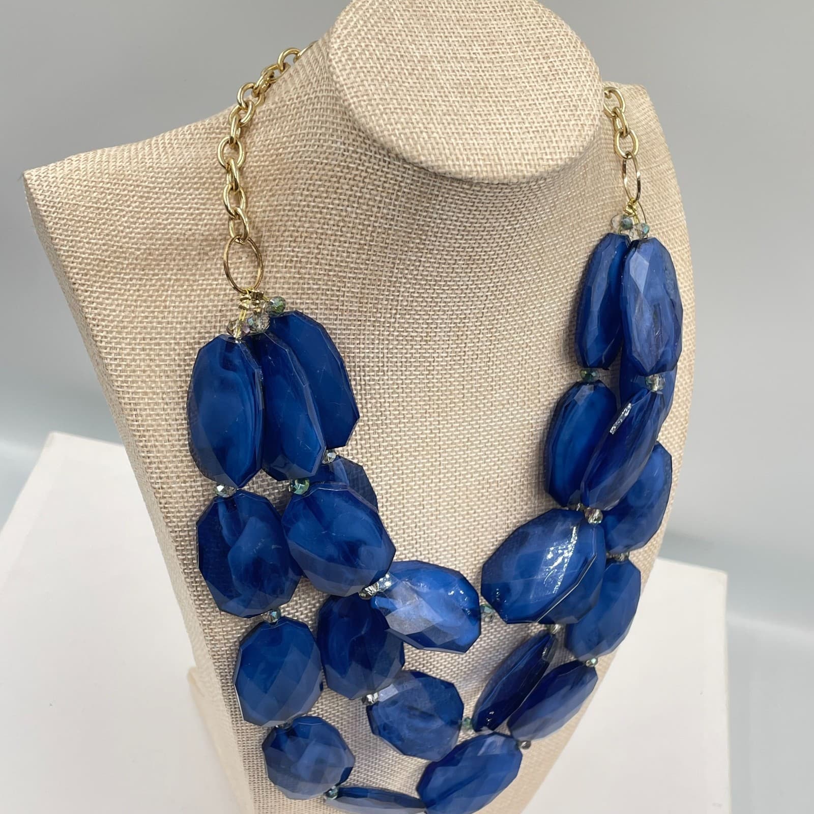 Adjustable Gold-Tone Ombre Blue Faceted Beads Statement Bib Layered Necklace - Thumbnail 5