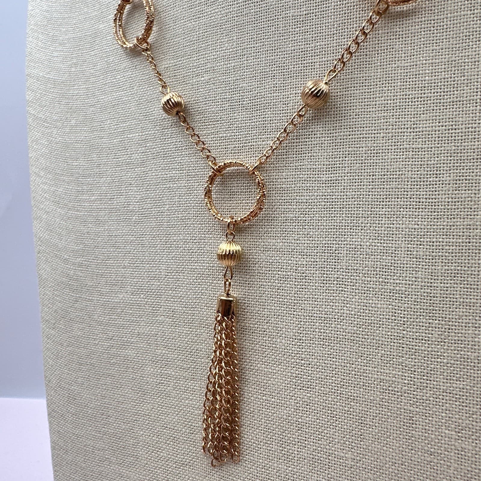 Vintage Y2K Gold Tone Textured Multi Ring Tassel Statement Necklace Jewelry - Thumbnail 2