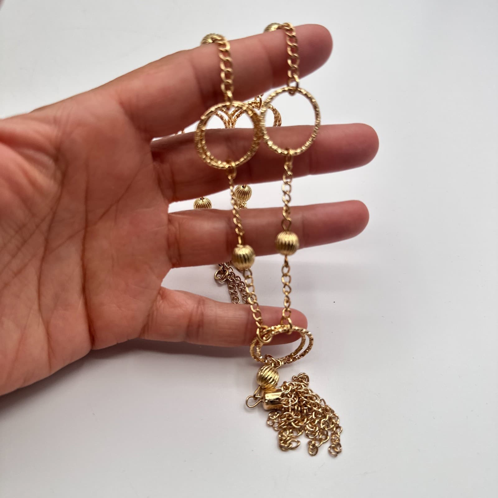 Vintage Y2K Gold Tone Textured Multi Ring Tassel Statement Necklace Jewelry - Thumbnail 5