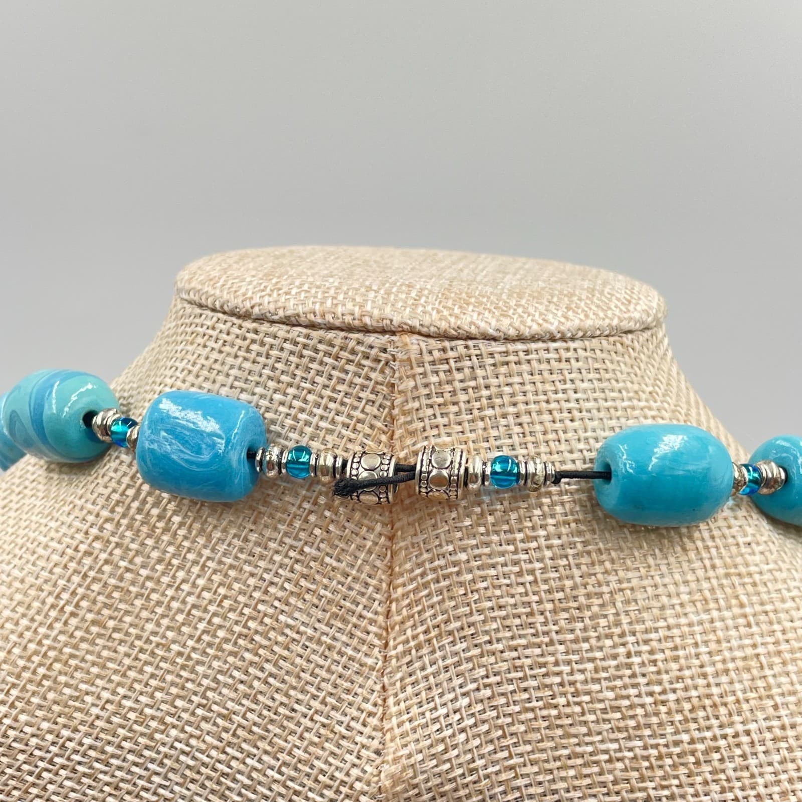 VTG Blue Swirl Polymer Clay Bead Necklace Boho Artisan Silver Spacer Handmade - Thumbnail 6
