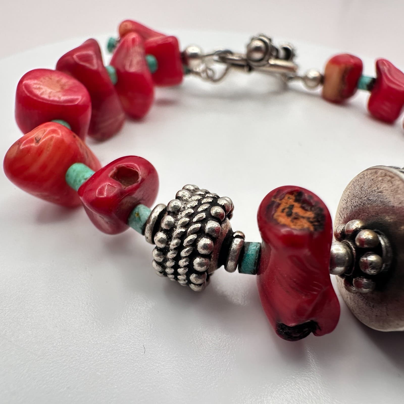Vintage 90s Silver Tone Boho Red Beaded Bracelet Women's Classic Fashion Jewelry - Thumbnail 6