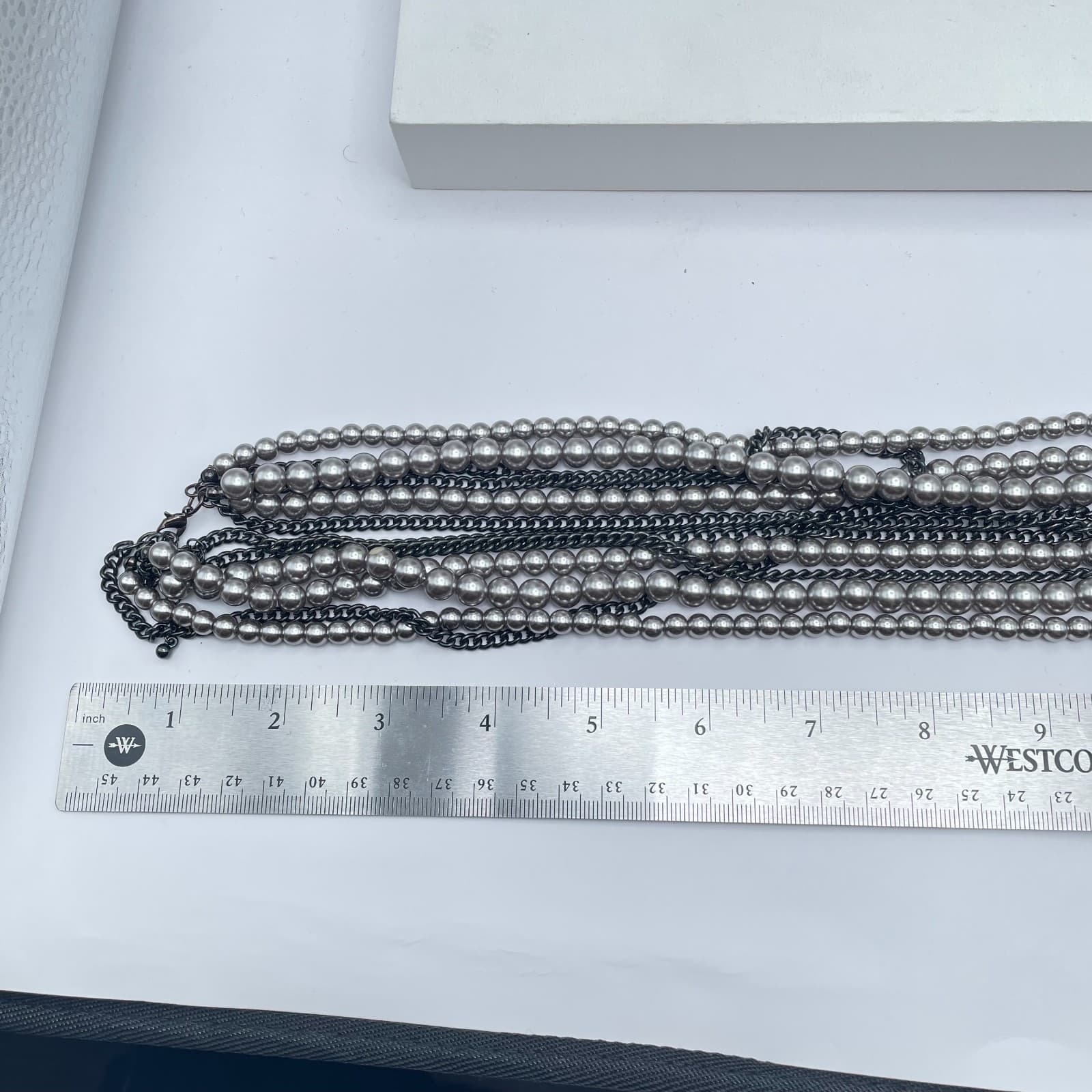 Vintage Y2K Multi Strand Gray Faux Pearl Chain Statement Necklace Heaped Jewelry - Thumbnail 7