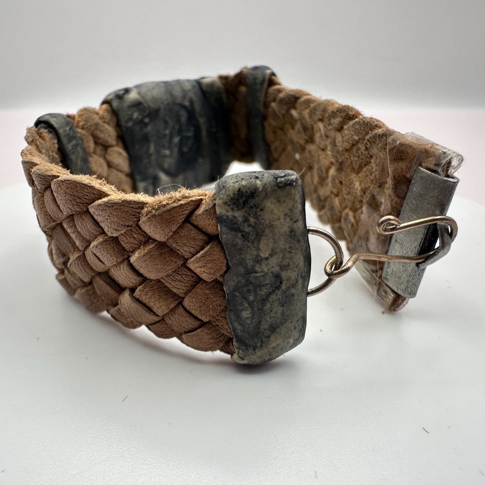 Vintage 90s Beaded Leather Bracelet Glass Dome Women's Classic Fashion Jewelry - Thumbnail 5