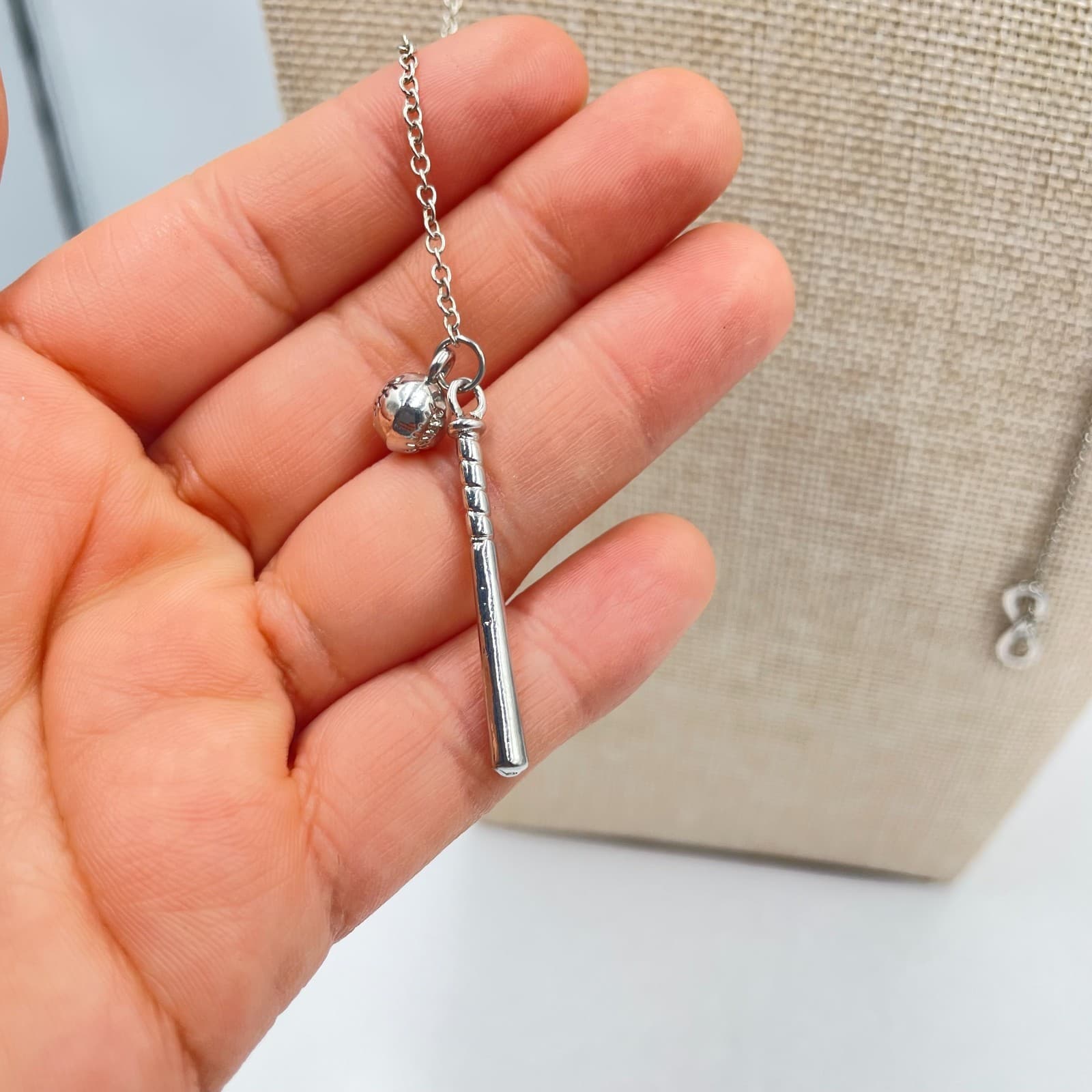 Baseball Forever Silver-Tone Round Chain Long Baseball Bat & Ball Charm Necklace - Thumbnail 3