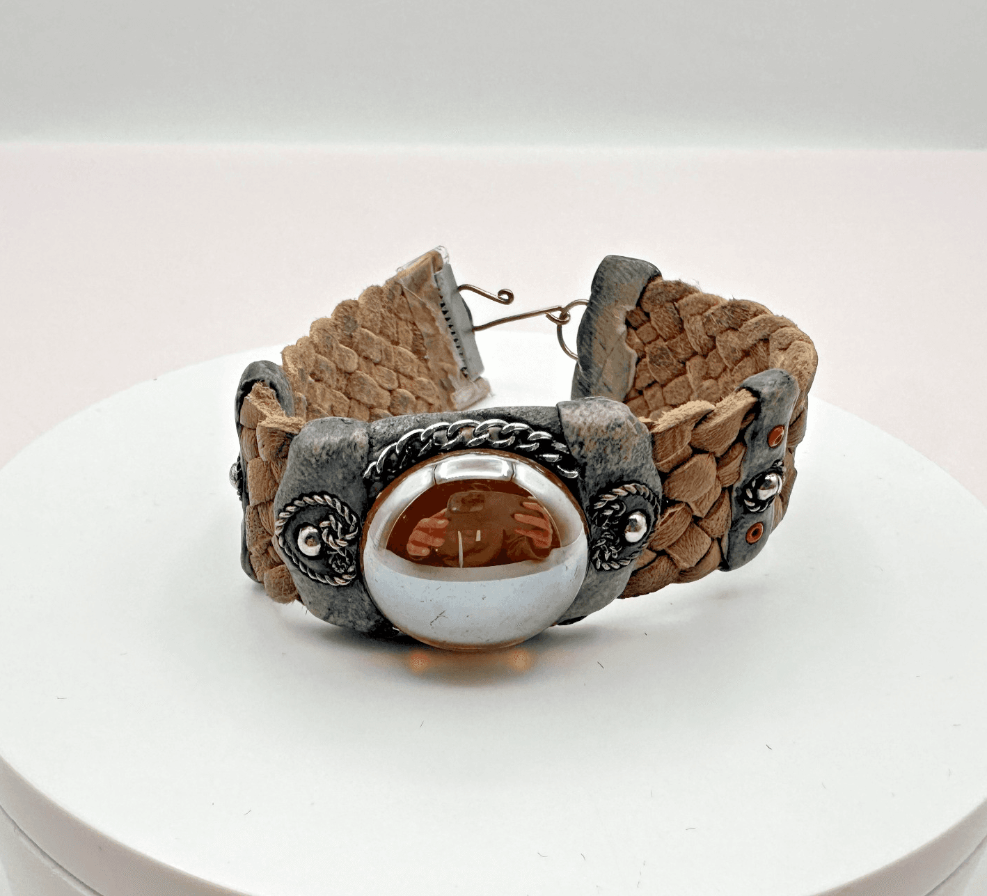 Vintage 90s Beaded Leather Bracelet Glass Dome Women's Classic Fashion Jewelry - Image 1