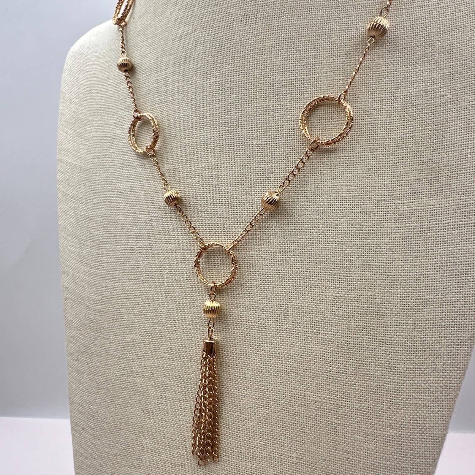 Vintage Y2K Gold Tone Textured Multi Ring Tassel Statement Necklace Jewelry - Thumbnail 4