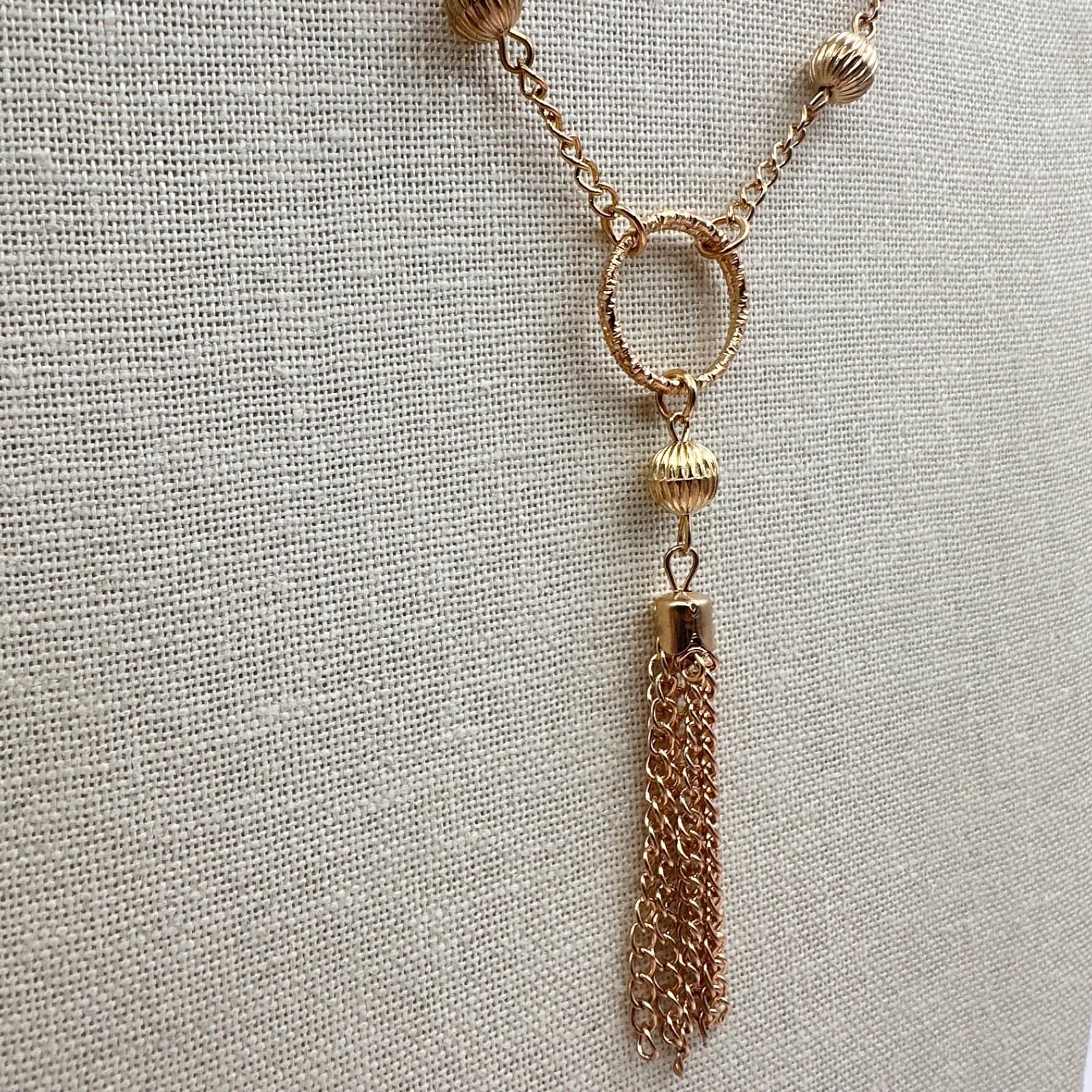 Vintage Y2K Gold Tone Textured Multi Ring Tassel Statement Necklace Jewelry - Thumbnail 7