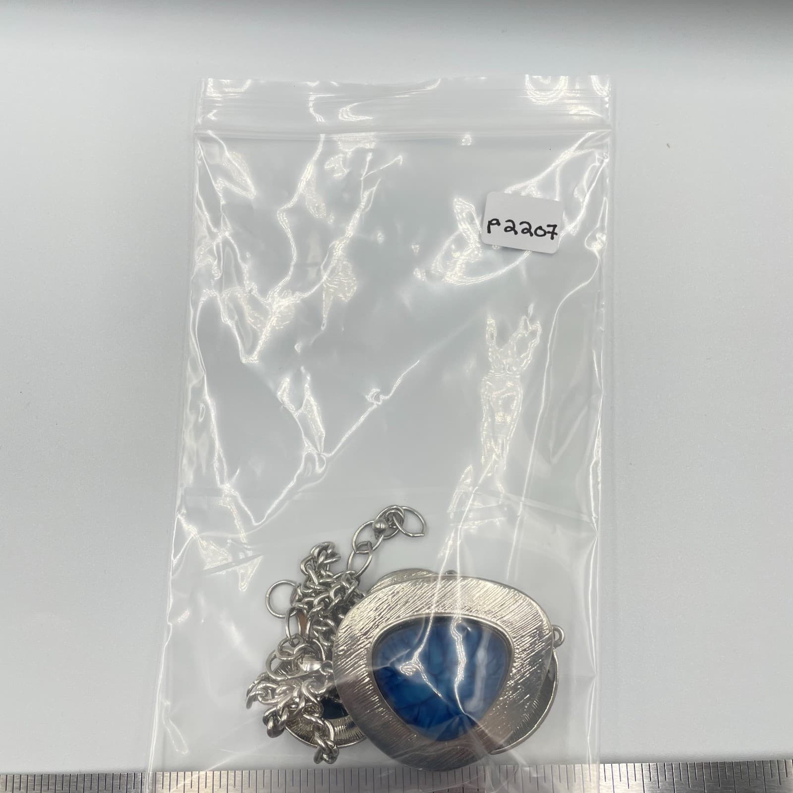 Vintage Boho Statement Necklace Silver Tone Marbled Blue Stone Bib Drop Pendant - Thumbnail 8