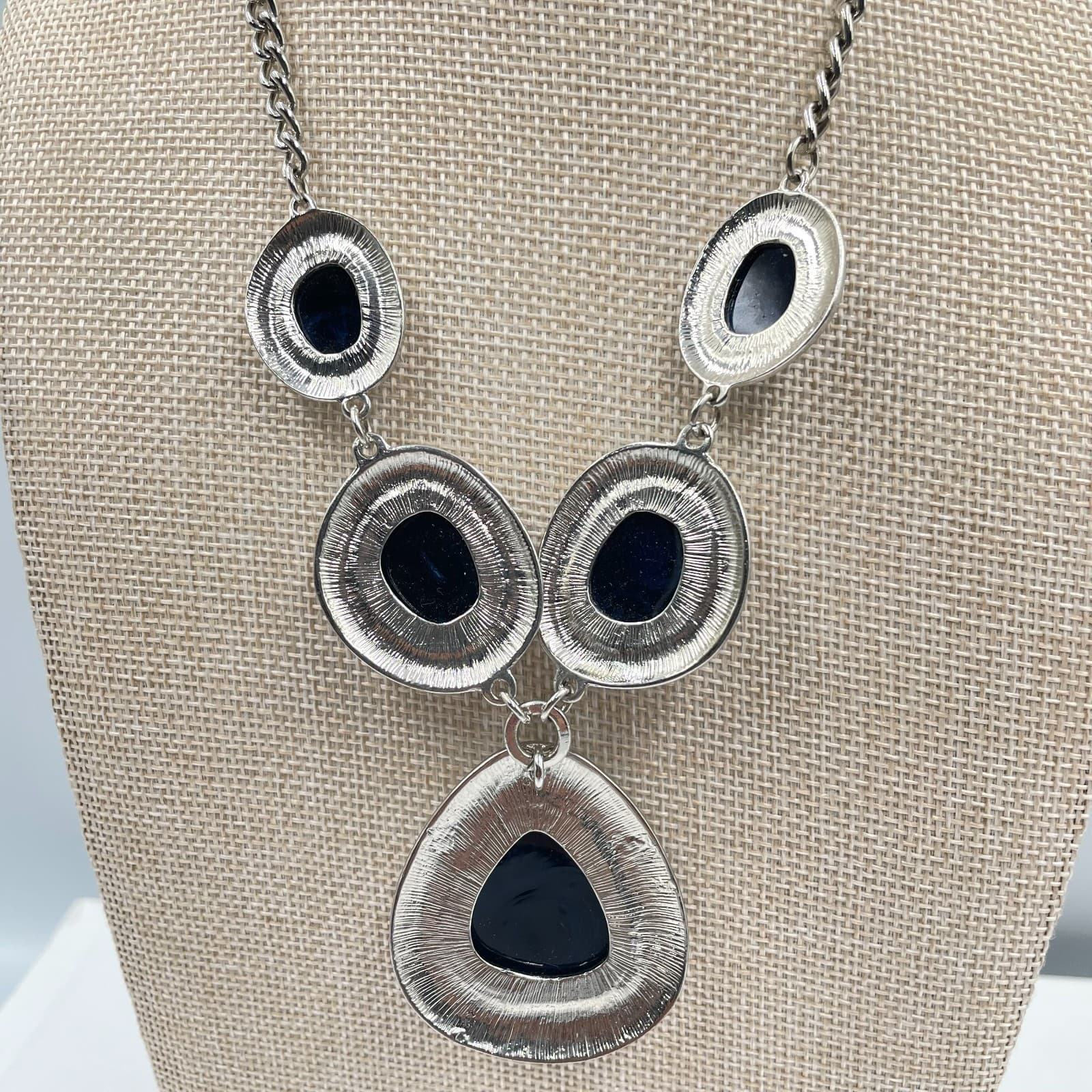 Vintage Boho Statement Necklace Silver Tone Marbled Blue Stone Bib Drop Pendant - Thumbnail 5