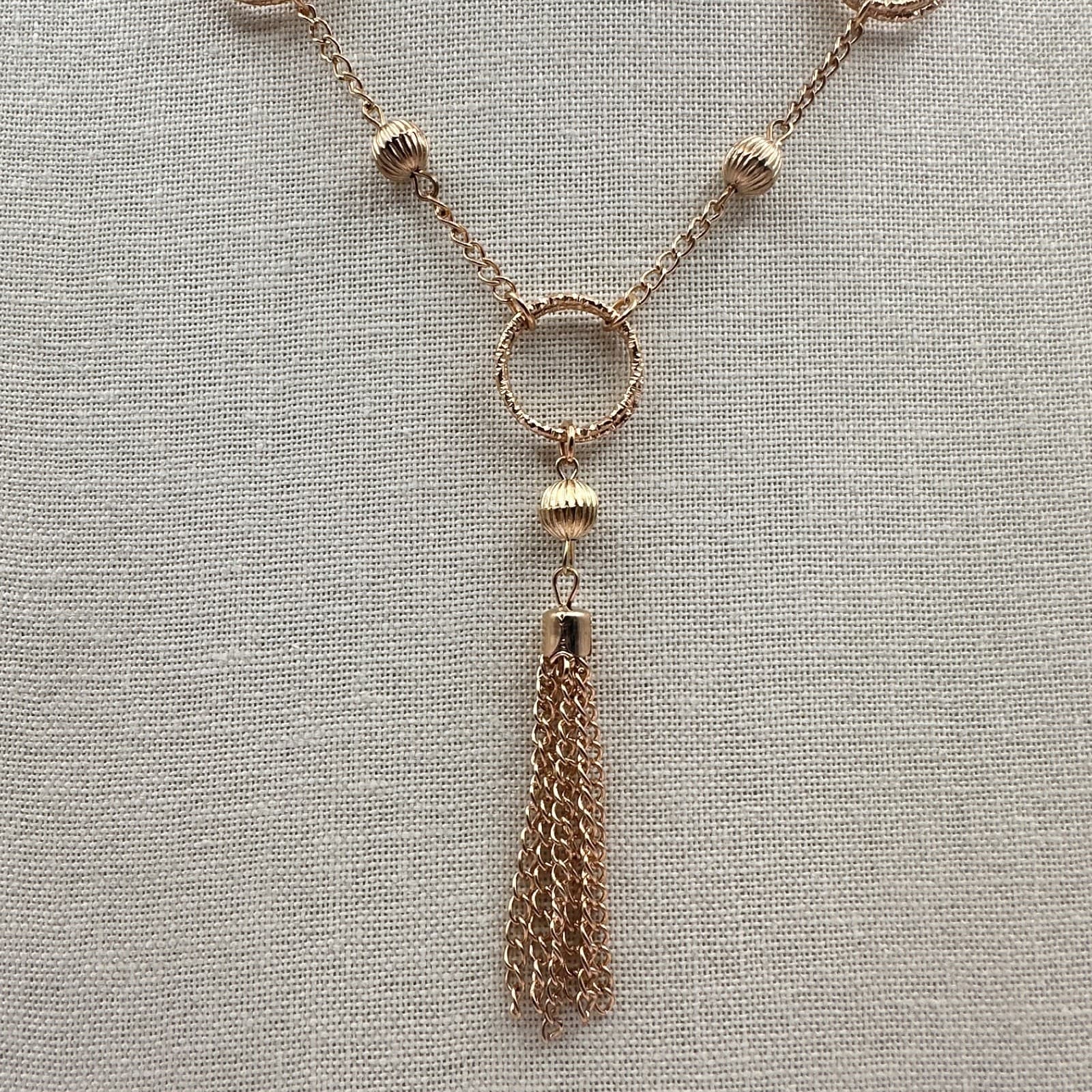 Vintage Y2K Gold Tone Textured Multi Ring Tassel Statement Necklace Jewelry - Thumbnail 6