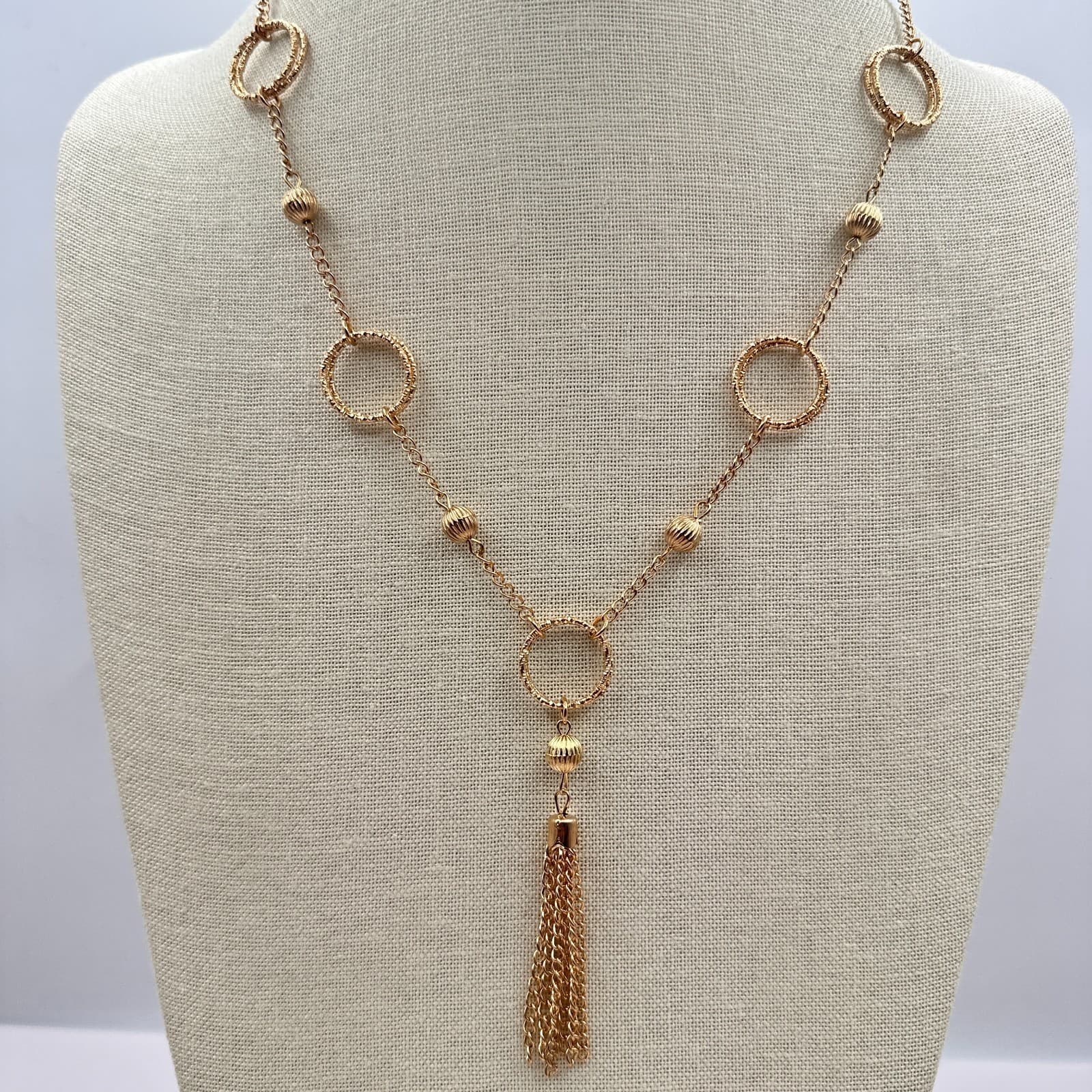 Vintage Y2K Gold Tone Textured Multi Ring Tassel Statement Necklace Jewelry - Image 1
