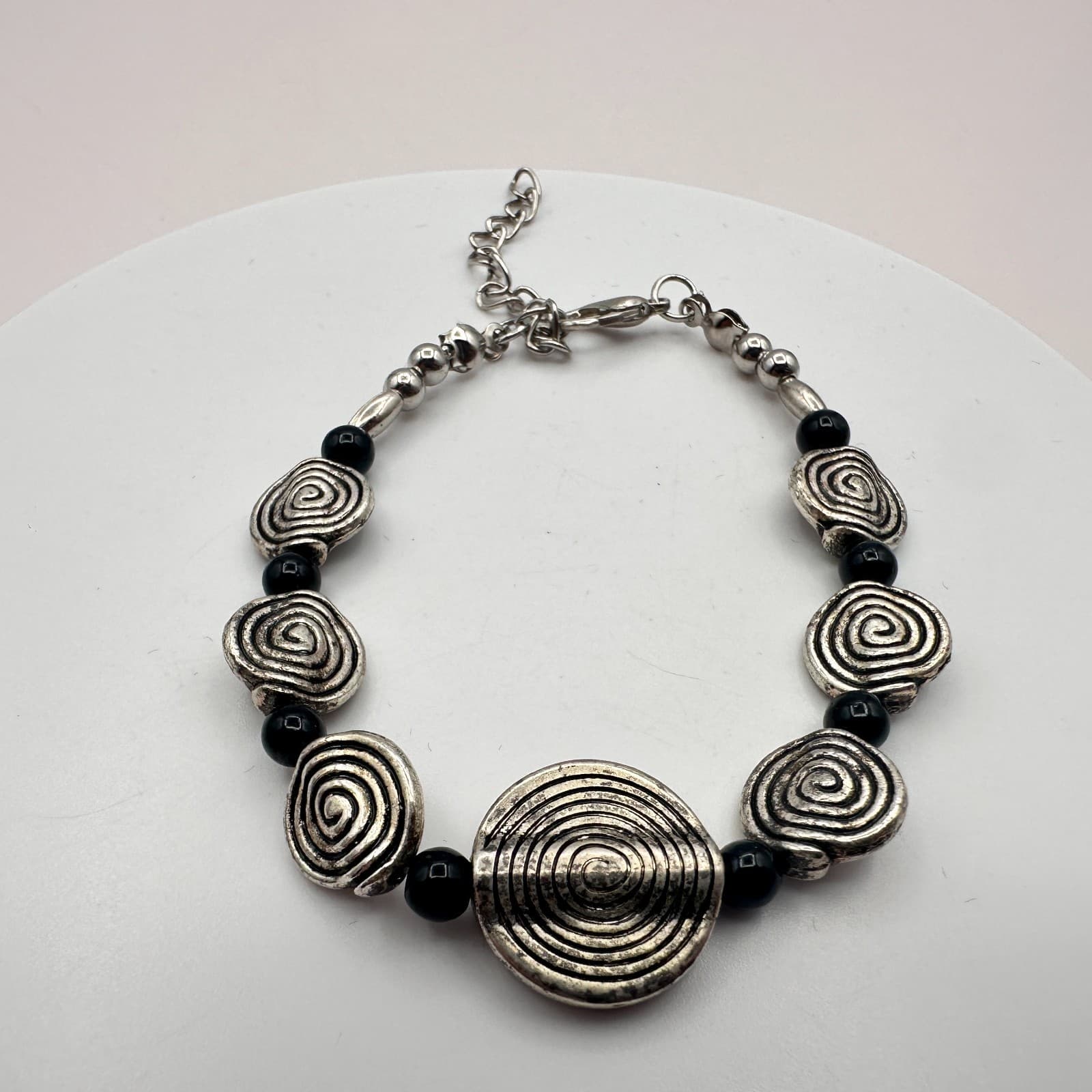 Vintage 90s Silver Tone Spiral Disc Bracelet's Black Bead Boho Women's Jewelry - Thumbnail 3