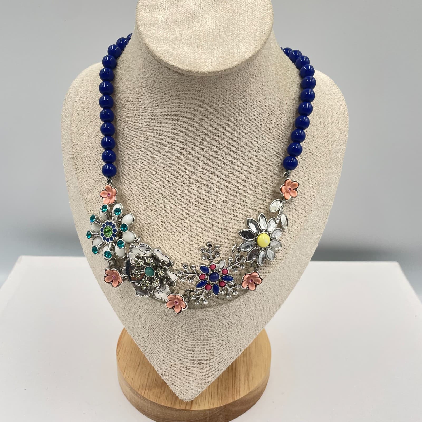 Lia Sophia "Full Bloom" Silver-Tone Blue Beads Floral Charms Statement Necklace - Image 1