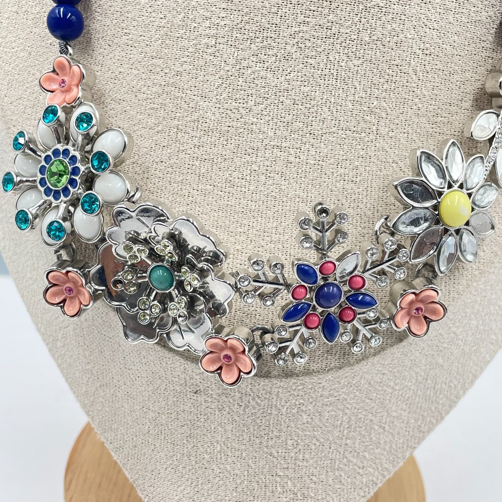 Lia Sophia "Full Bloom" Silver-Tone Blue Beads Floral Charms Statement Necklace - Thumbnail 3