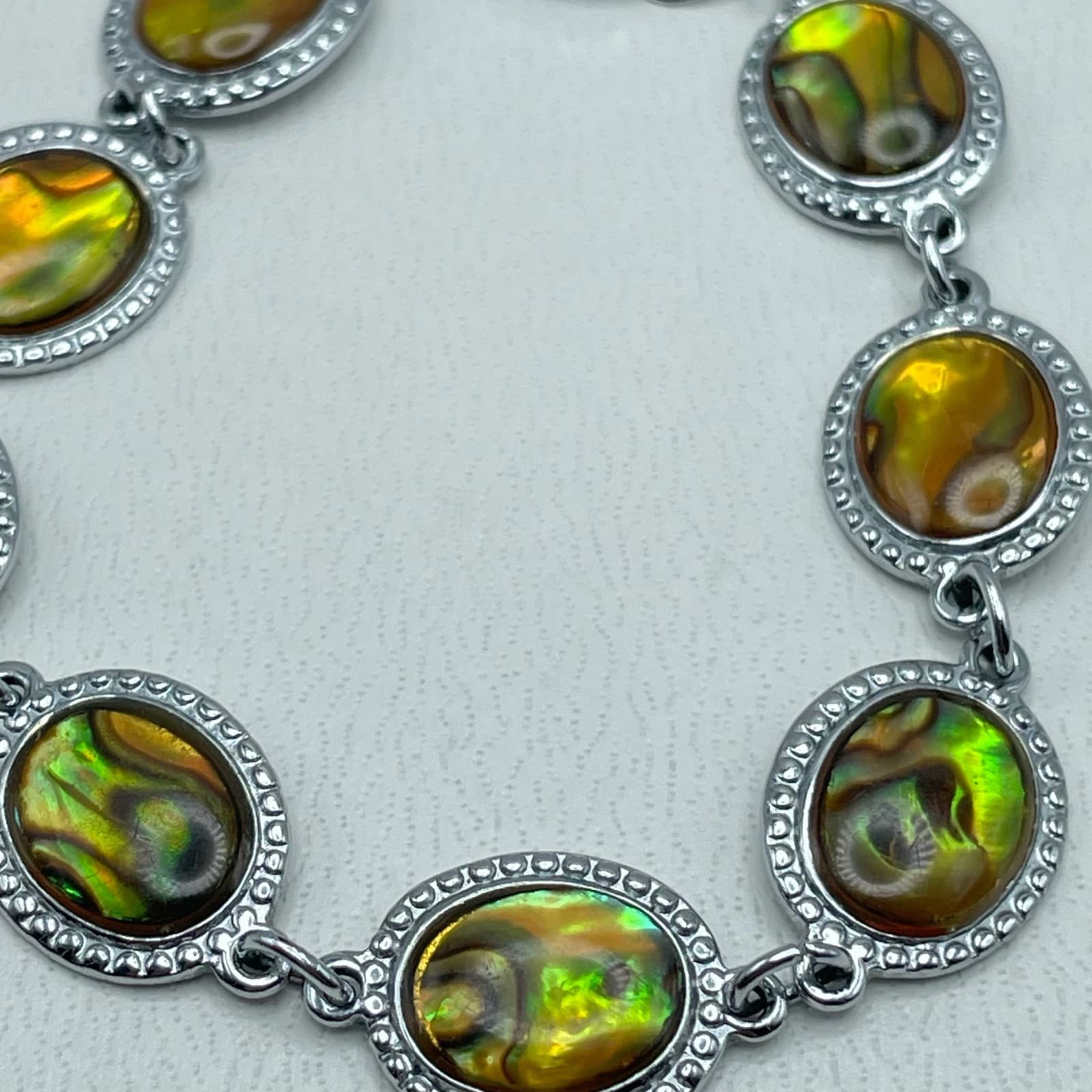 Vintage Y2K Faux Abalone Shell Bracelet Silver Tone Oval Link Statement Jewelry - Thumbnail 4