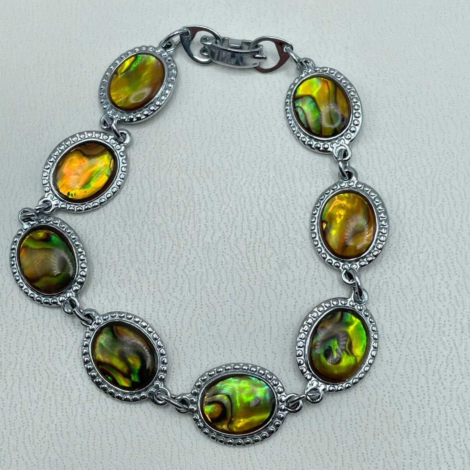 Vintage Y2K Faux Abalone Shell Bracelet Silver Tone Oval Link Statement Jewelry - Image 1