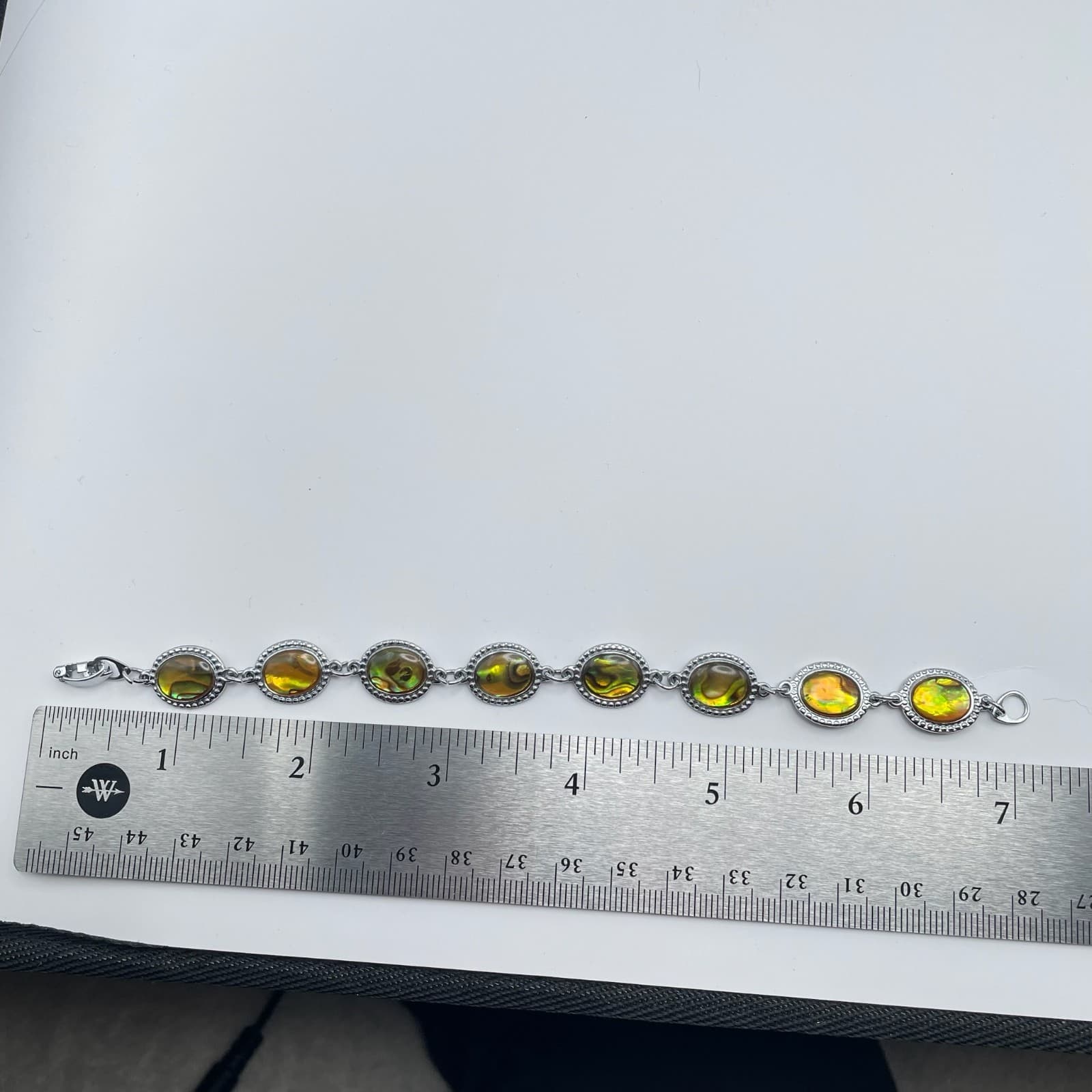 Vintage Y2K Faux Abalone Shell Bracelet Silver Tone Oval Link Statement Jewelry - Thumbnail 9