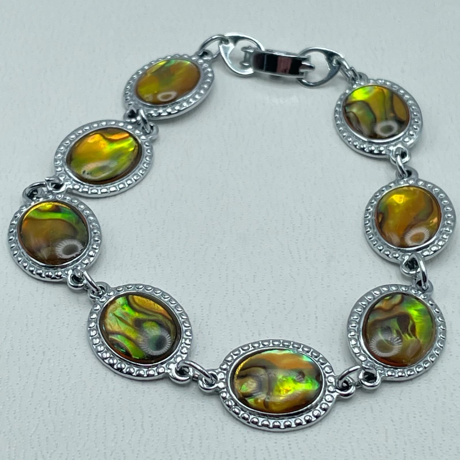 Vintage Y2K Faux Abalone Shell Bracelet Silver Tone Oval Link Statement Jewelry - Thumbnail 5