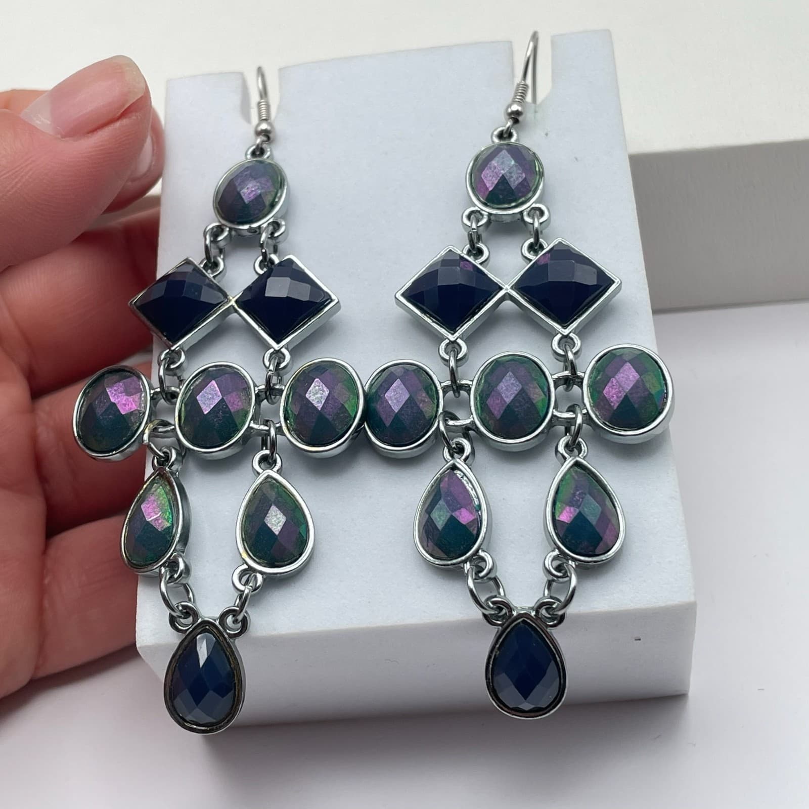 Vintage 90s Geometric Chandelier Dangle Earrings Iridescent Women's Jewelry - Thumbnail 2