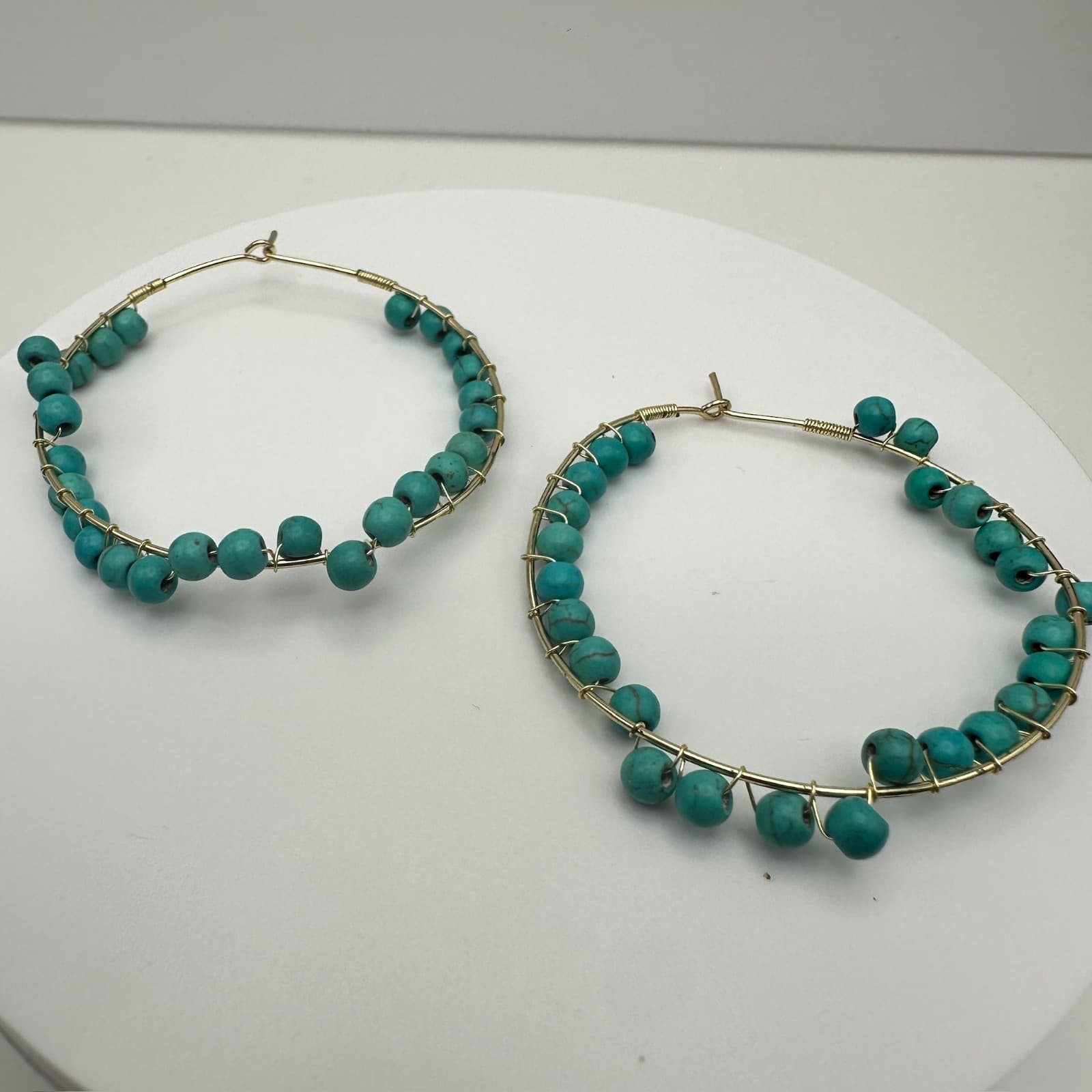 Vintage 90s Gold Tone Turquoise Bead Hoop Earrings Boho Women's Jewelry - Thumbnail 3