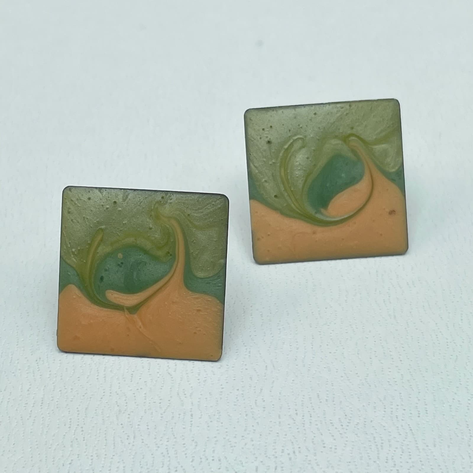 Vintage 80s Enamel Square Stud Earrings Abstract Green Tan Swirl Boho Statement - Image 1