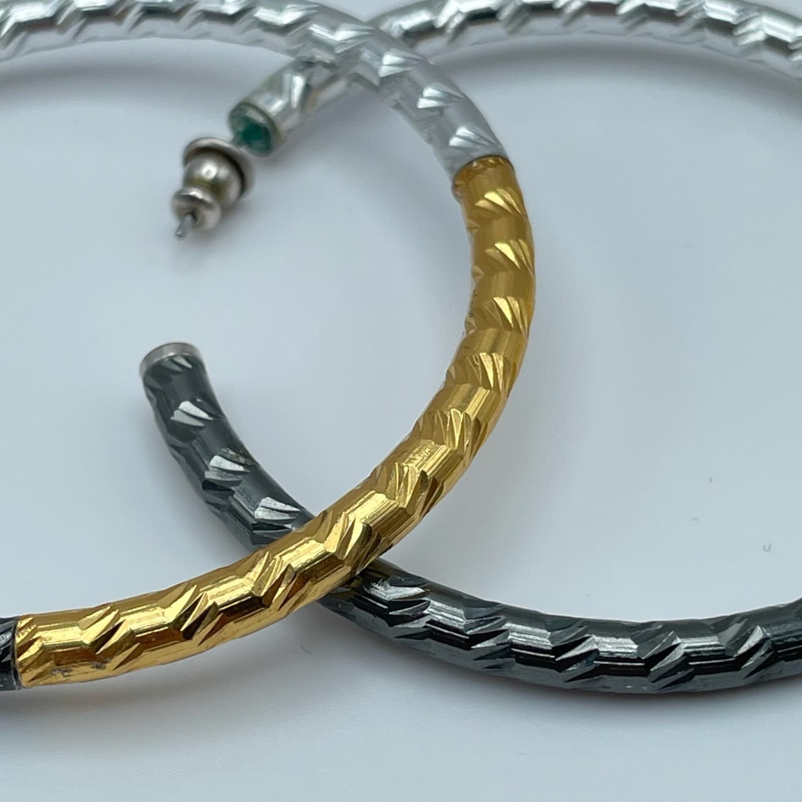 Vintage 90s Tri-Color Hoop Round Earrings Multi Tone Women's Jewelry - Thumbnail 5