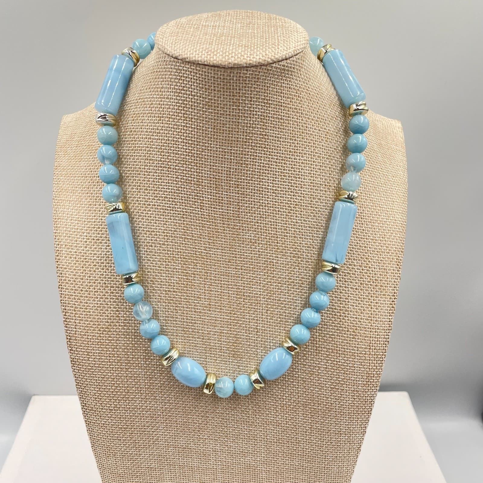 Vintage Silver-Tone Confetti Light Blue Beads Cord Statement Push Lock Necklace - Image 1