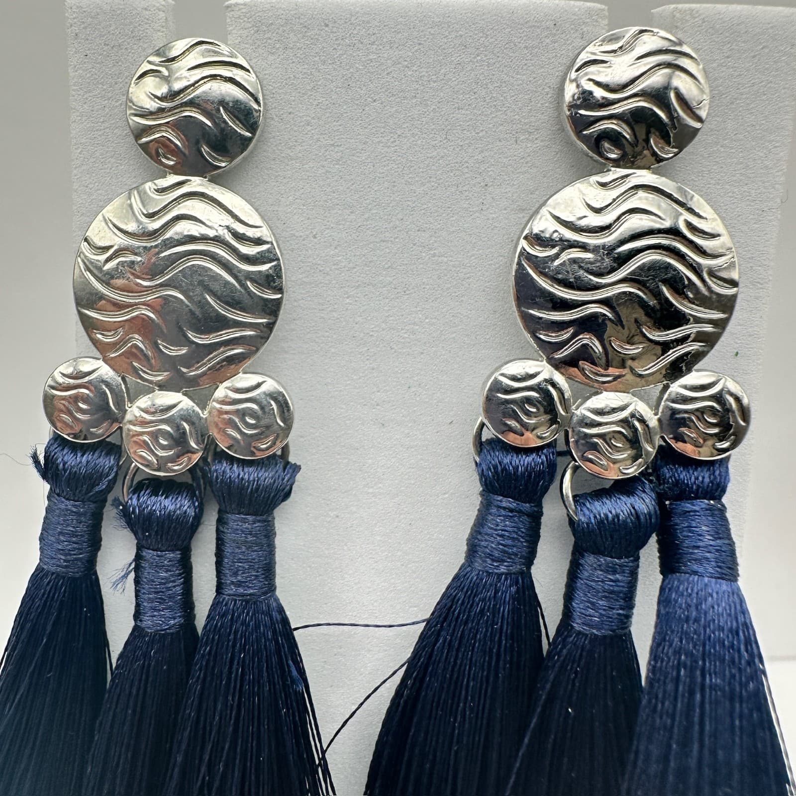 Vintage 90s Silver Tone Navy Blue Tassel Dangle Earrings Women's Jewelry - Thumbnail 4