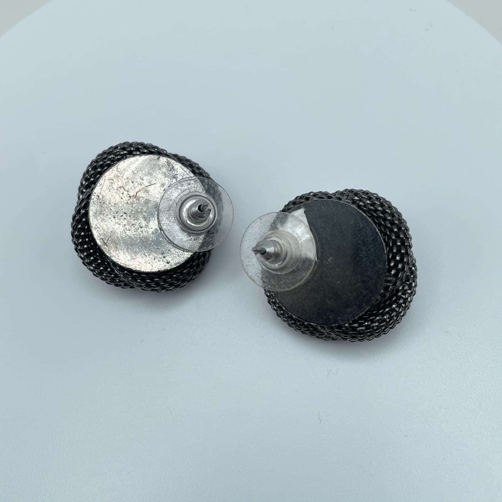 Vintage 80s Dark Silver Tone Mesh Rose Stud Earrings Women's Jewelry - Thumbnail 4