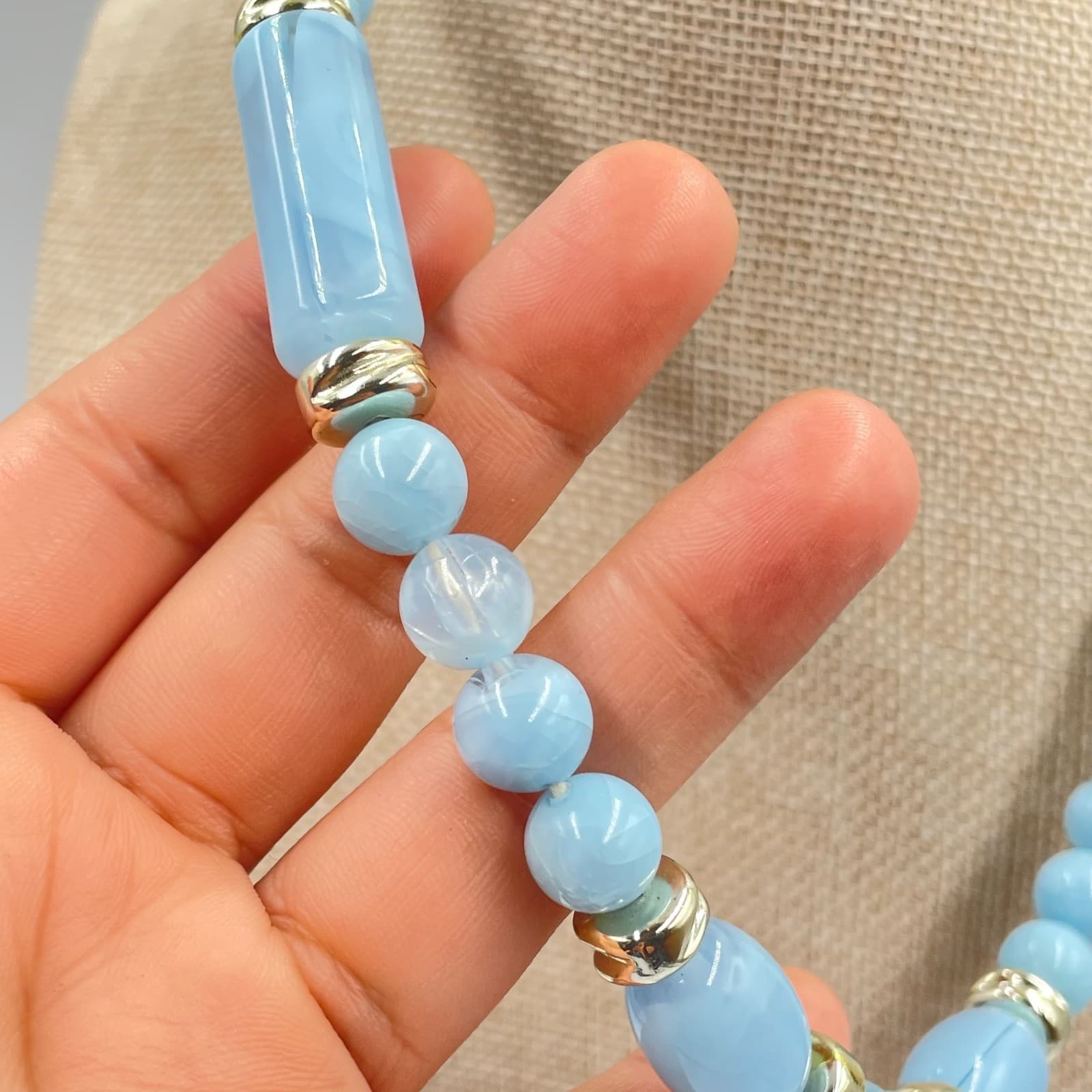 Vintage Silver-Tone Confetti Light Blue Beads Cord Statement Push Lock Necklace - Thumbnail 4