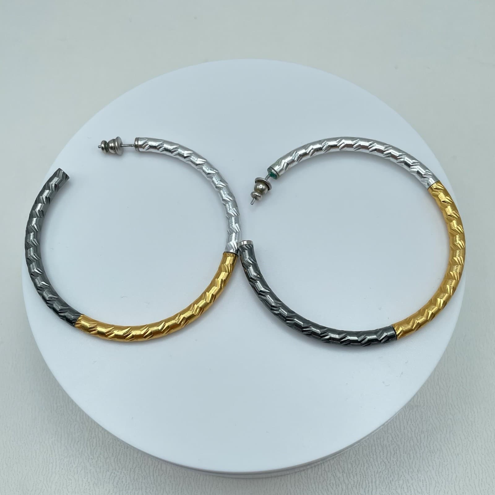 Vintage 90s Tri-Color Hoop Round Earrings Multi Tone Women's Jewelry - Image 1