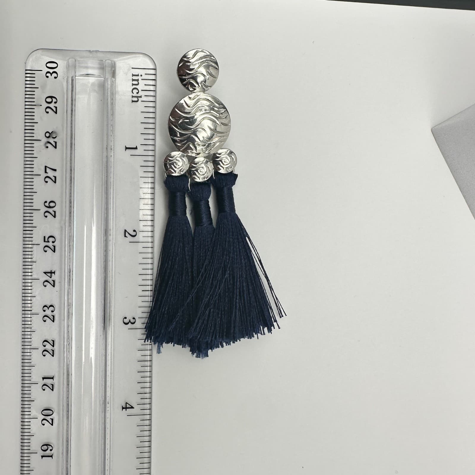 Vintage 90s Silver Tone Navy Blue Tassel Dangle Earrings Women's Jewelry - Thumbnail 7