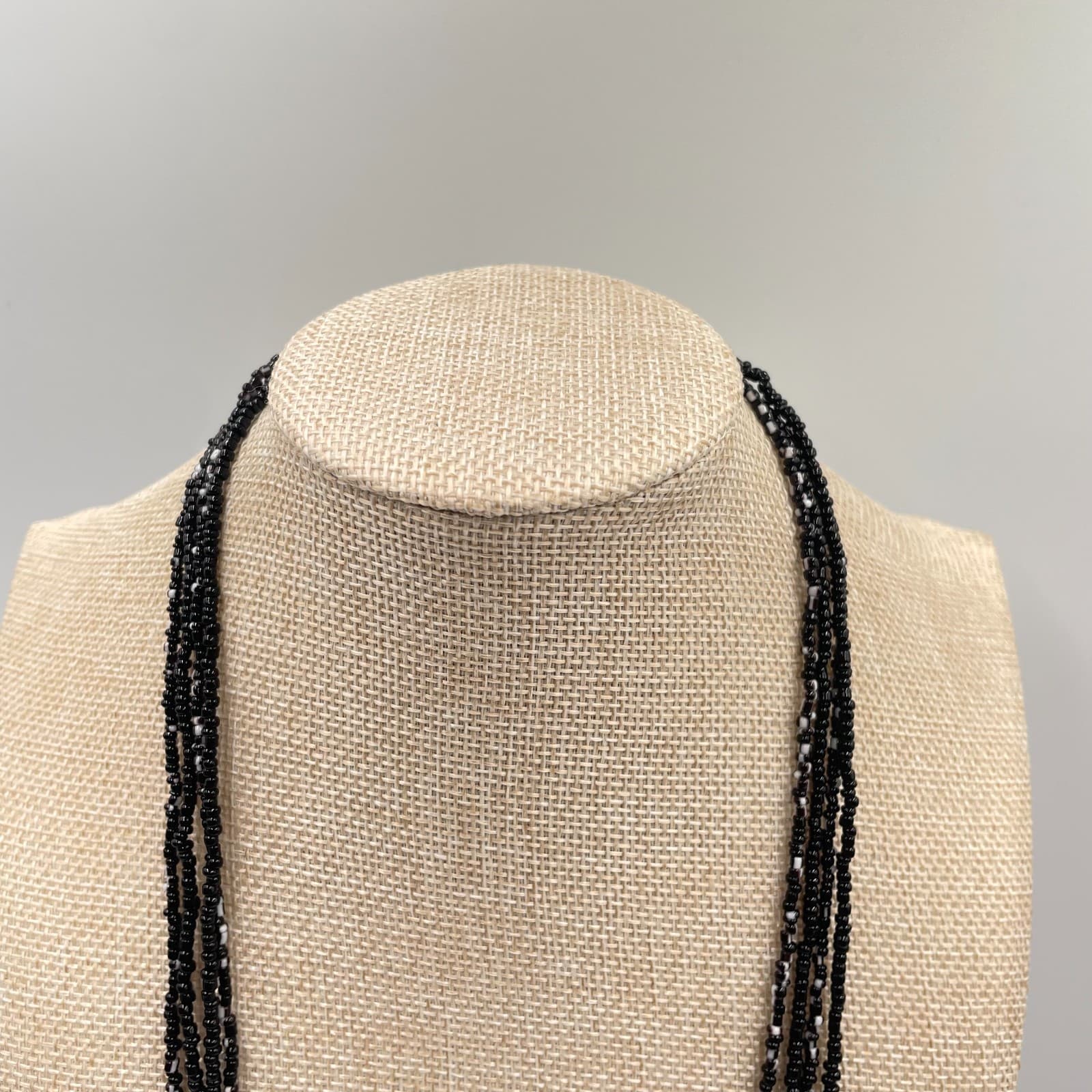 Bohemian Southwestern White Black Seed Beaded Multi-Stranded Opera Necklace - Thumbnail 2