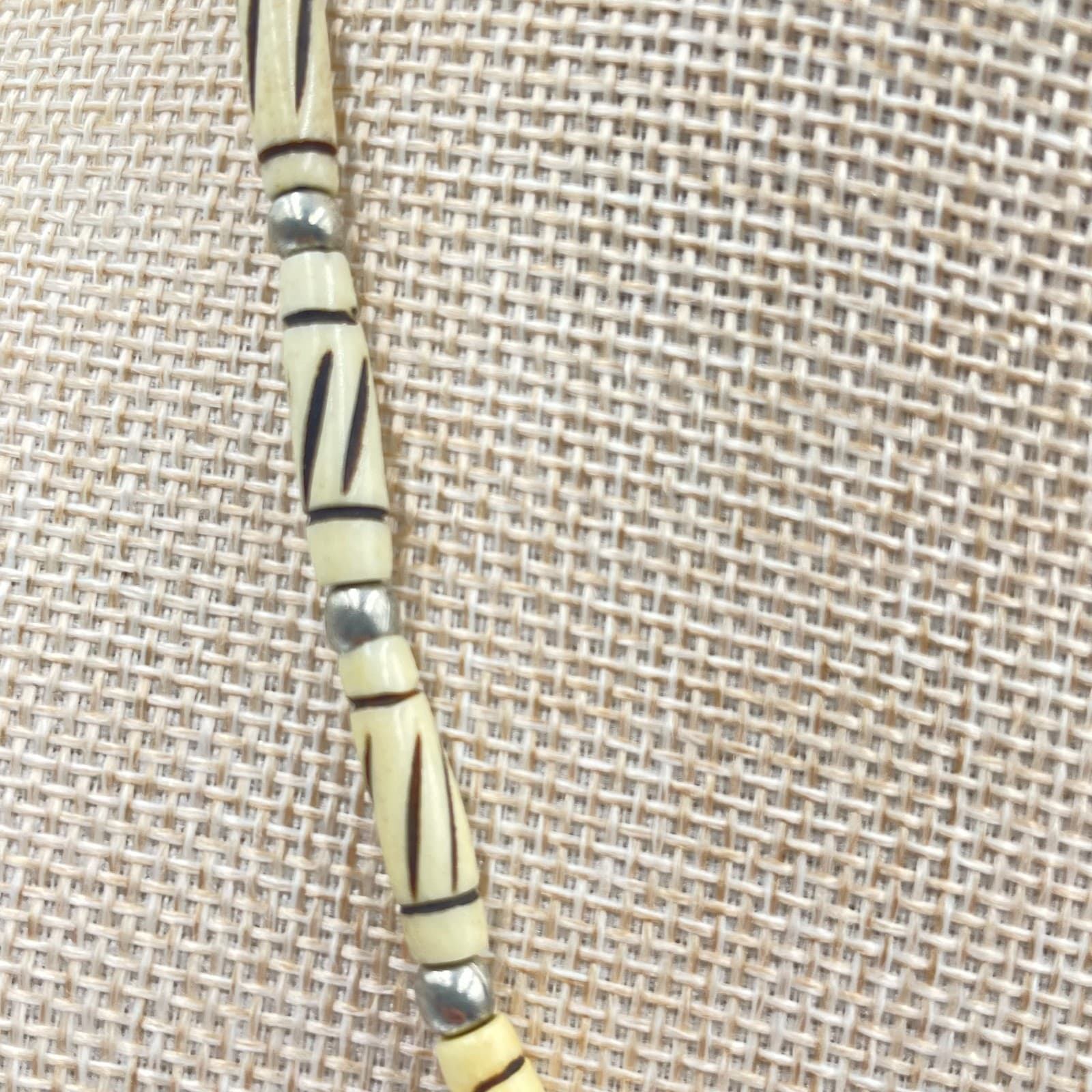 Religious Silver-Tone Beige Batik Beaded Carved Cross Pendant Necklace - Thumbnail 4