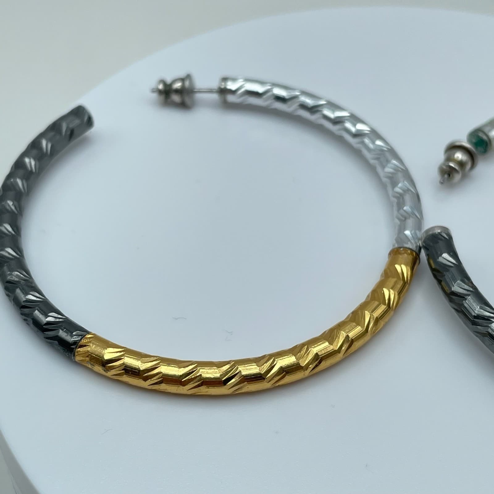 Vintage 90s Tri-Color Hoop Round Earrings Multi Tone Women's Jewelry - Thumbnail 3