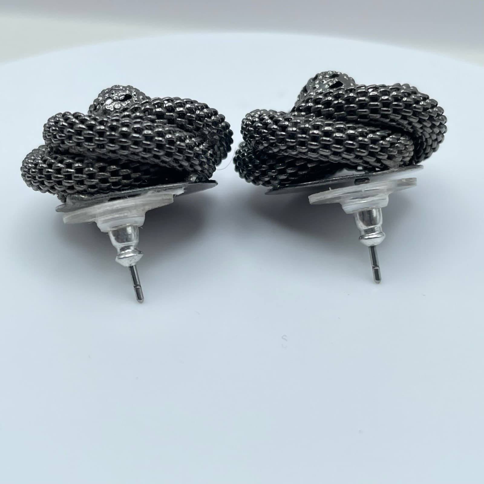 Vintage 80s Dark Silver Tone Mesh Rose Stud Earrings Women's Jewelry - Thumbnail 9