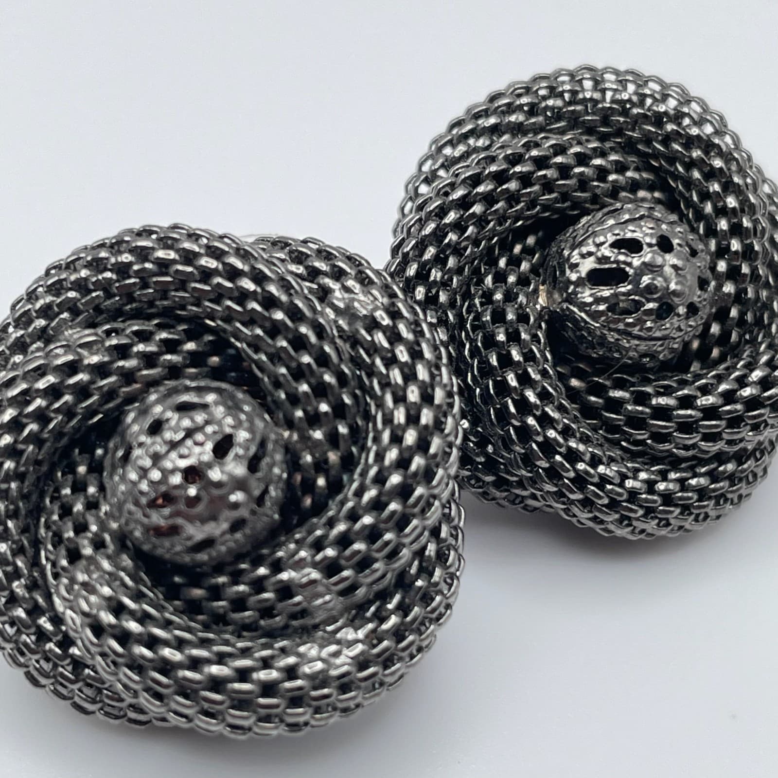 Vintage 80s Dark Silver Tone Mesh Rose Stud Earrings Women's Jewelry - Thumbnail 5