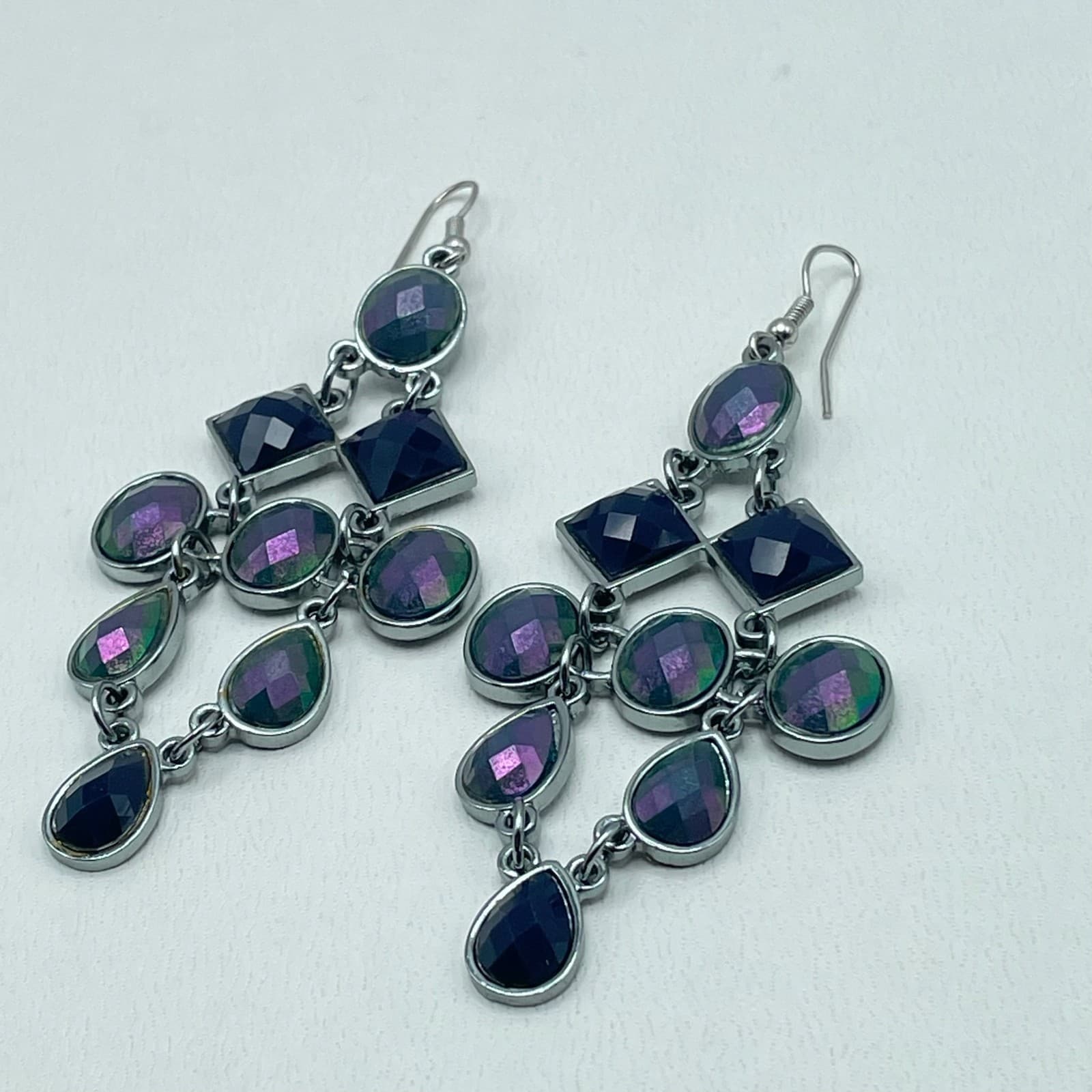Vintage 90s Geometric Chandelier Dangle Earrings Iridescent Women's Jewelry - Thumbnail 3