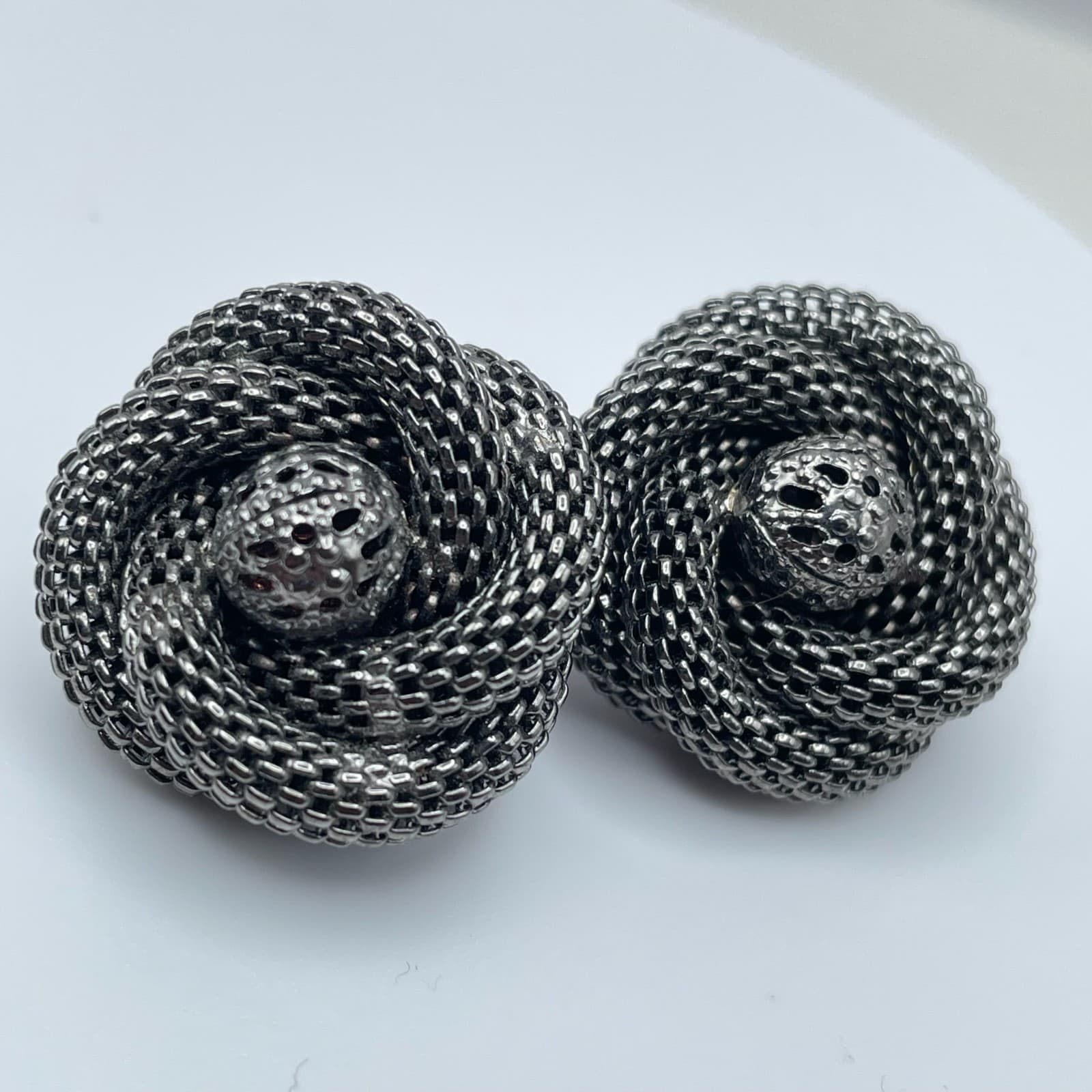 Vintage 80s Dark Silver Tone Mesh Rose Stud Earrings Women's Jewelry - Thumbnail 6
