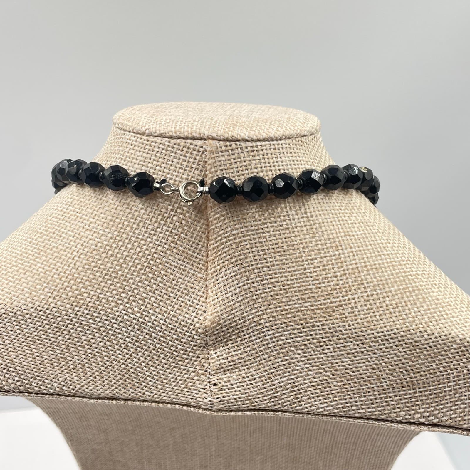 Vintage Black Faceted Round Double Strand French Jet Beaded Push Lock Necklace - Thumbnail 8