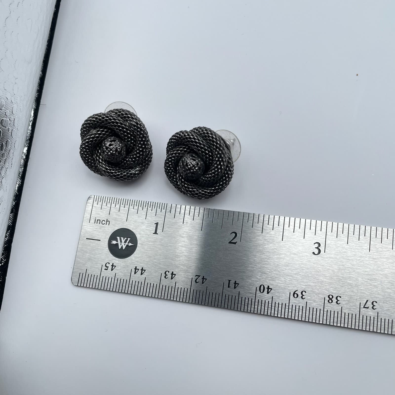 Vintage 80s Dark Silver Tone Mesh Rose Stud Earrings Women's Jewelry - Thumbnail 10