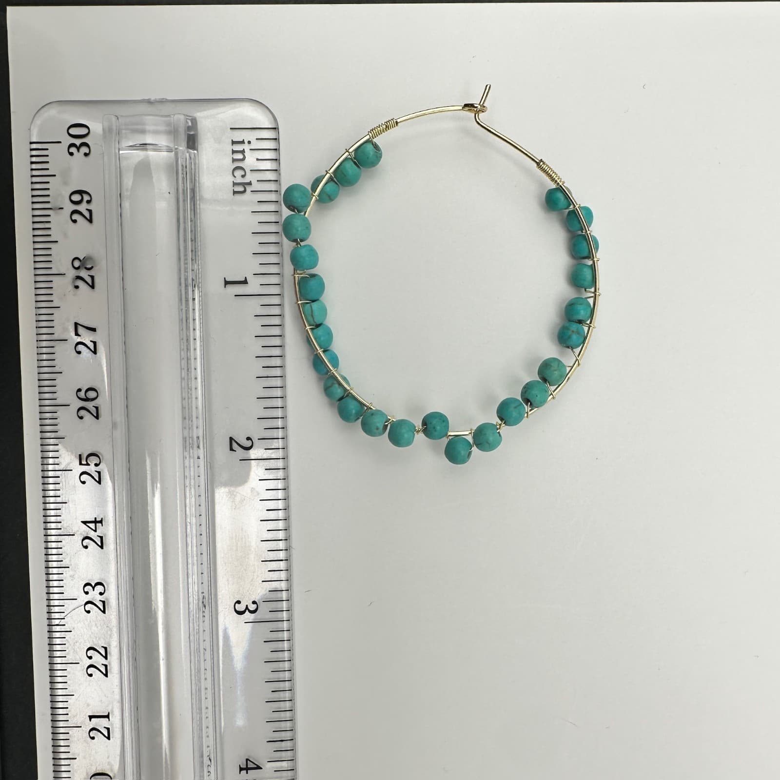 Vintage 90s Gold Tone Turquoise Bead Hoop Earrings Boho Women's Jewelry - Thumbnail 5