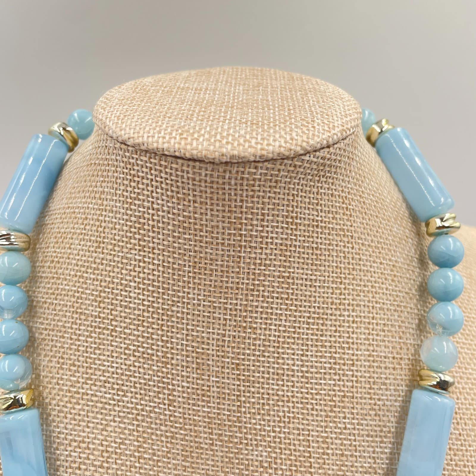 Vintage Silver-Tone Confetti Light Blue Beads Cord Statement Push Lock Necklace - Thumbnail 2