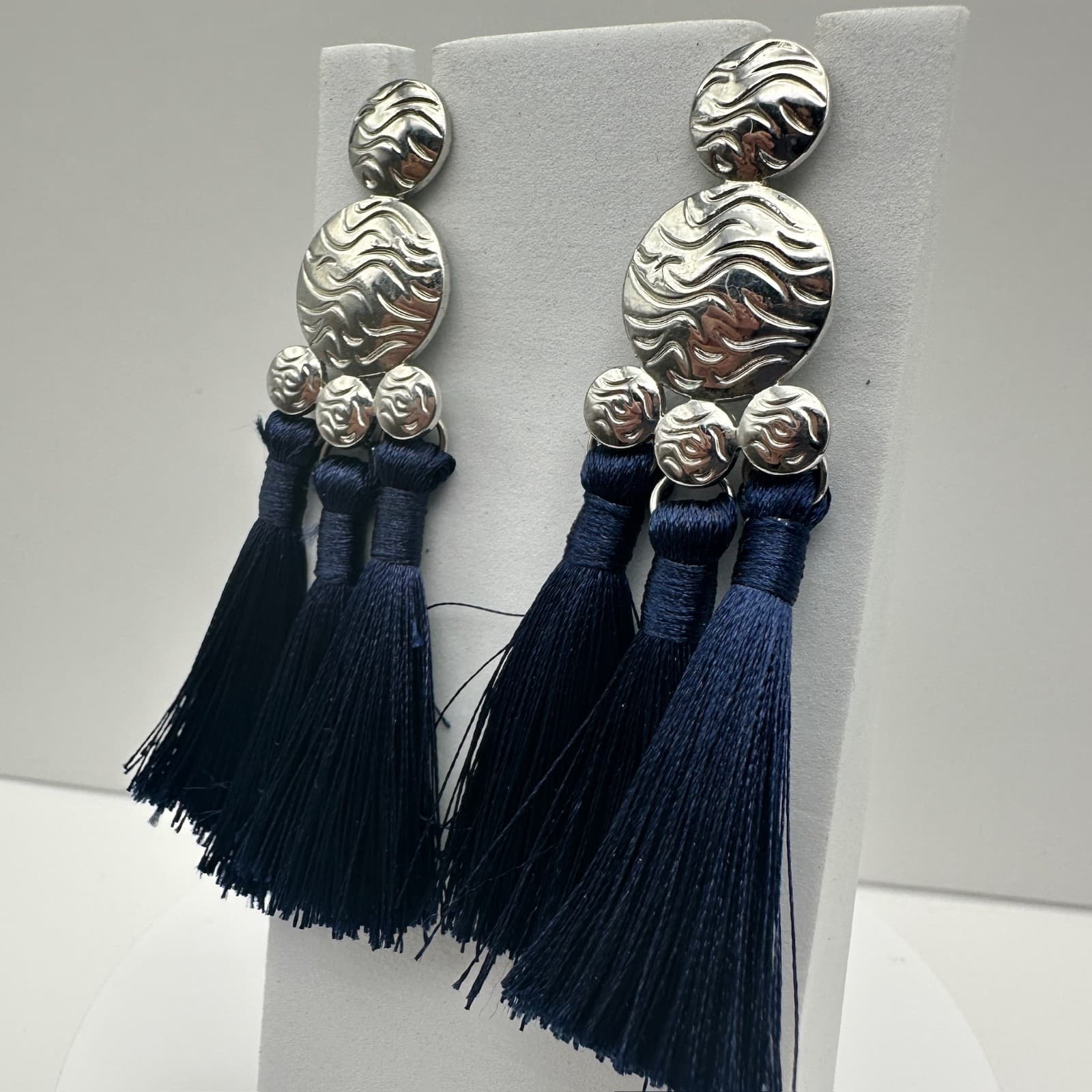 Vintage 90s Silver Tone Navy Blue Tassel Dangle Earrings Women's Jewelry - Thumbnail 3