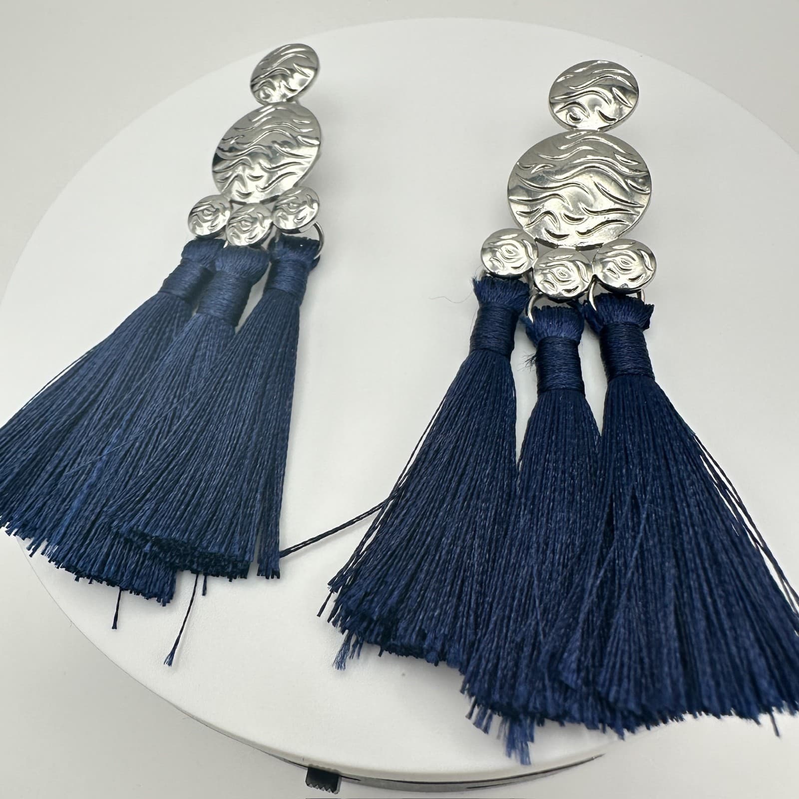 Vintage 90s Silver Tone Navy Blue Tassel Dangle Earrings Women's Jewelry - Thumbnail 6