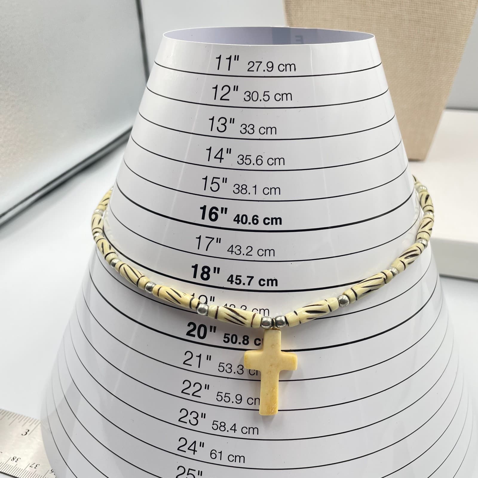 Religious Silver-Tone Beige Batik Beaded Carved Cross Pendant Necklace - Thumbnail 10