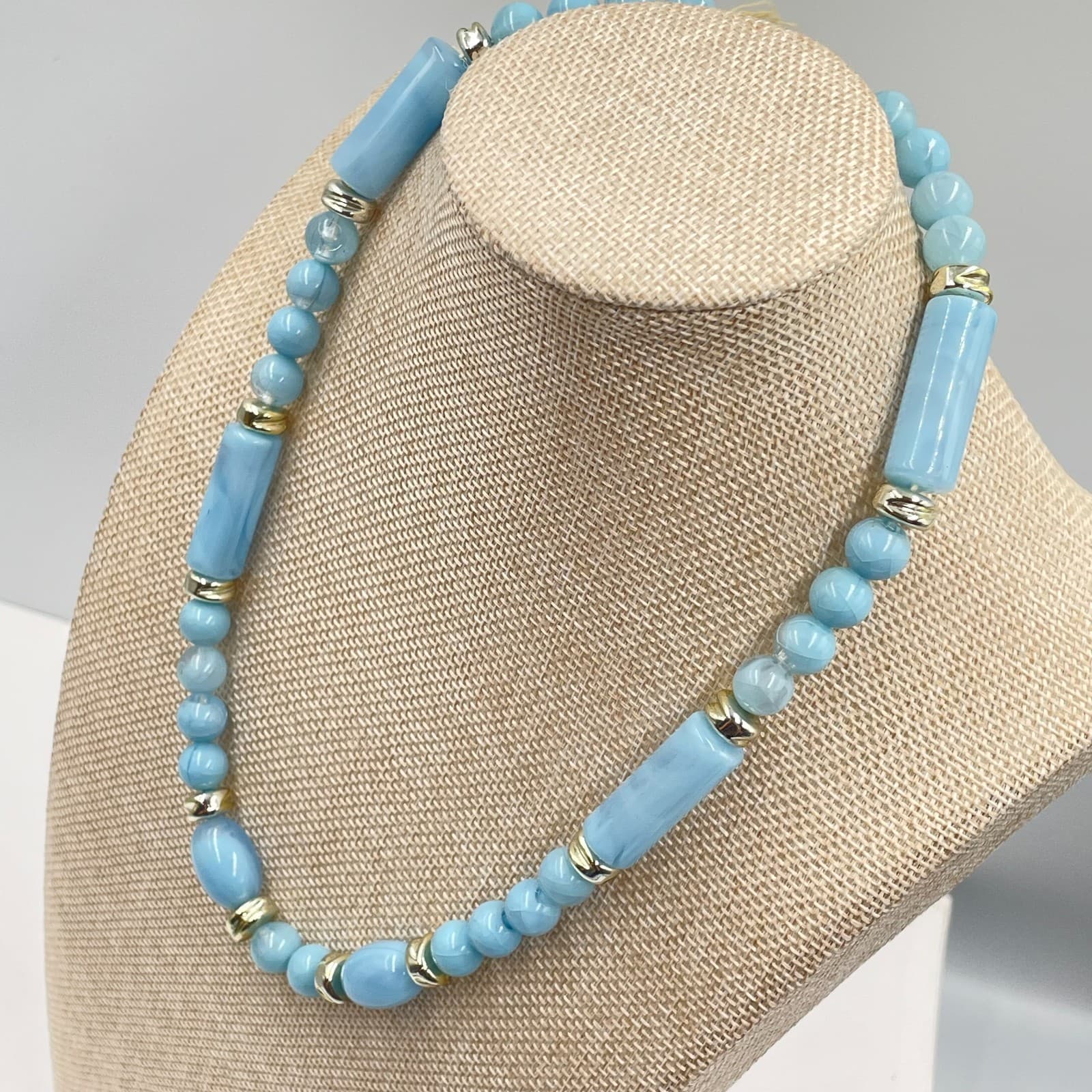 Vintage Silver-Tone Confetti Light Blue Beads Cord Statement Push Lock Necklace - Thumbnail 6