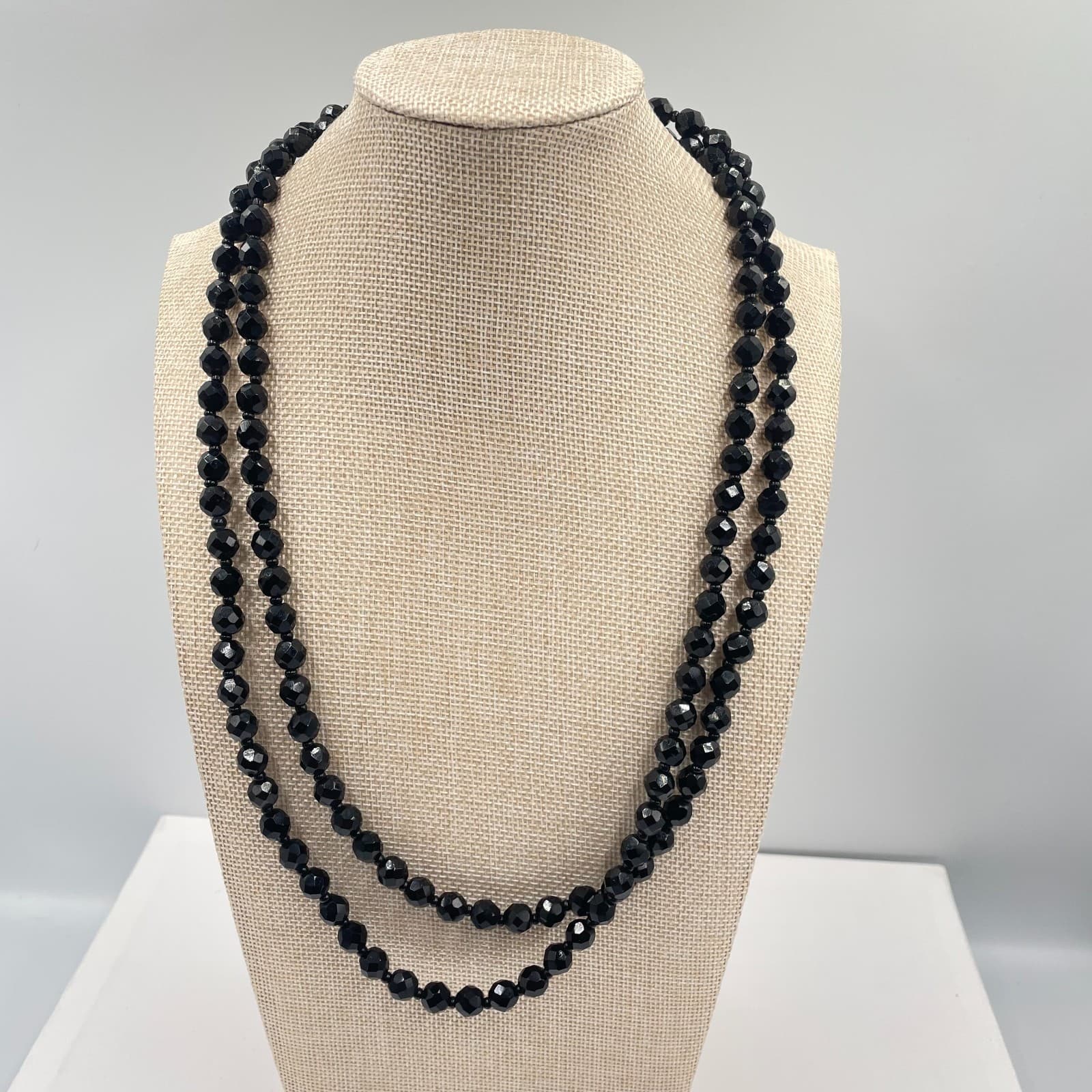Vintage Black Faceted Round Double Strand French Jet Beaded Push Lock Necklace - Image 1