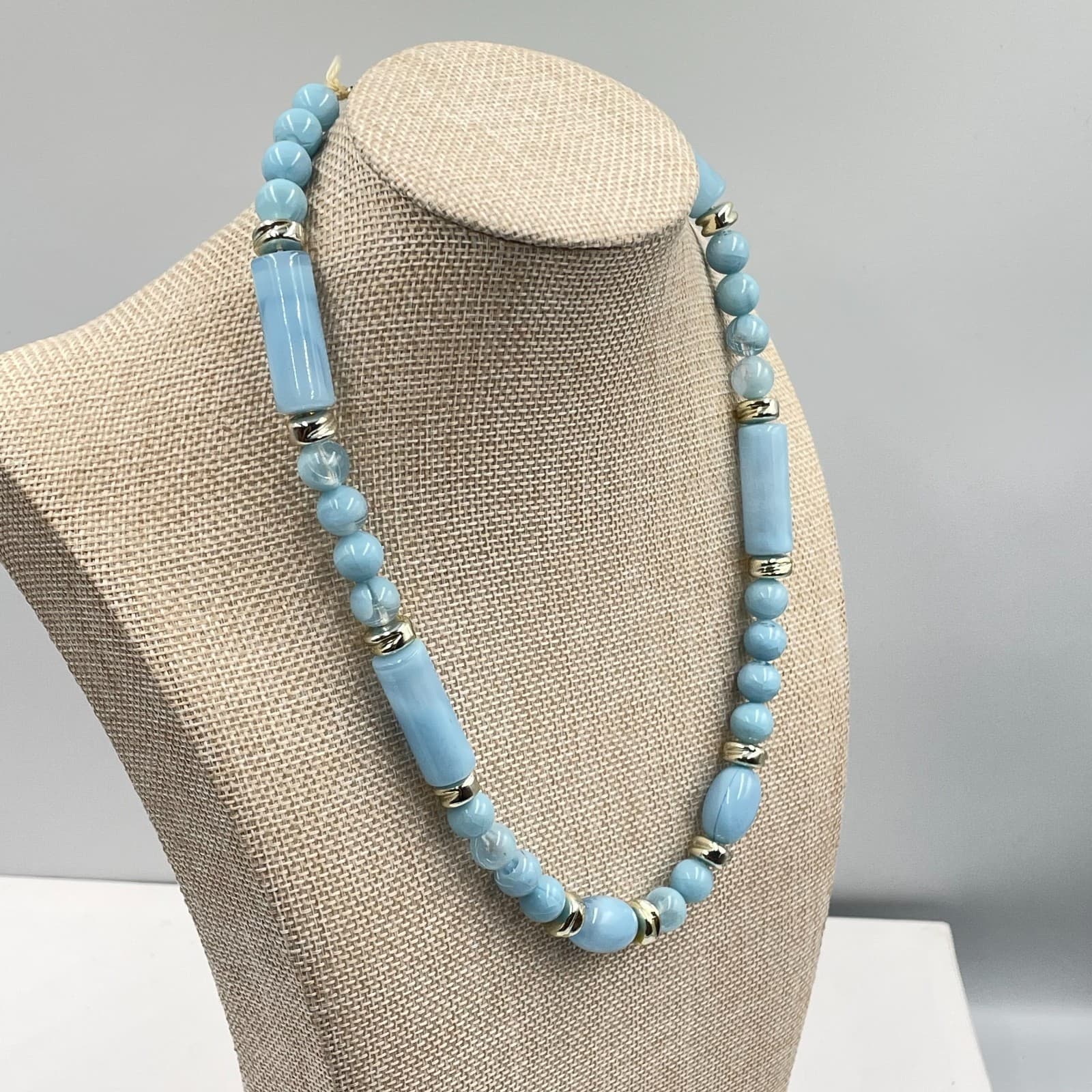 Vintage Silver-Tone Confetti Light Blue Beads Cord Statement Push Lock Necklace - Thumbnail 5