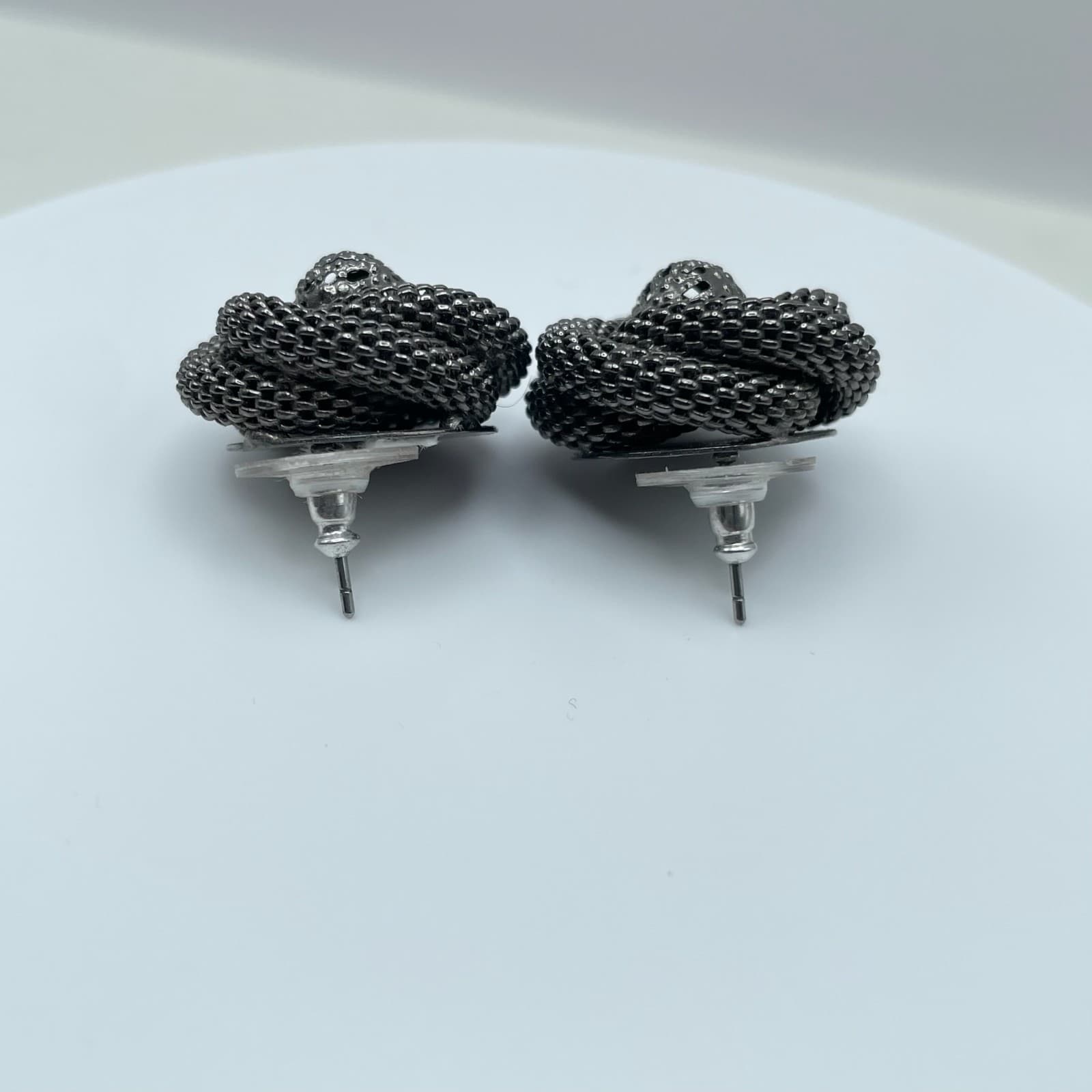 Vintage 80s Dark Silver Tone Mesh Rose Stud Earrings Women's Jewelry - Thumbnail 7